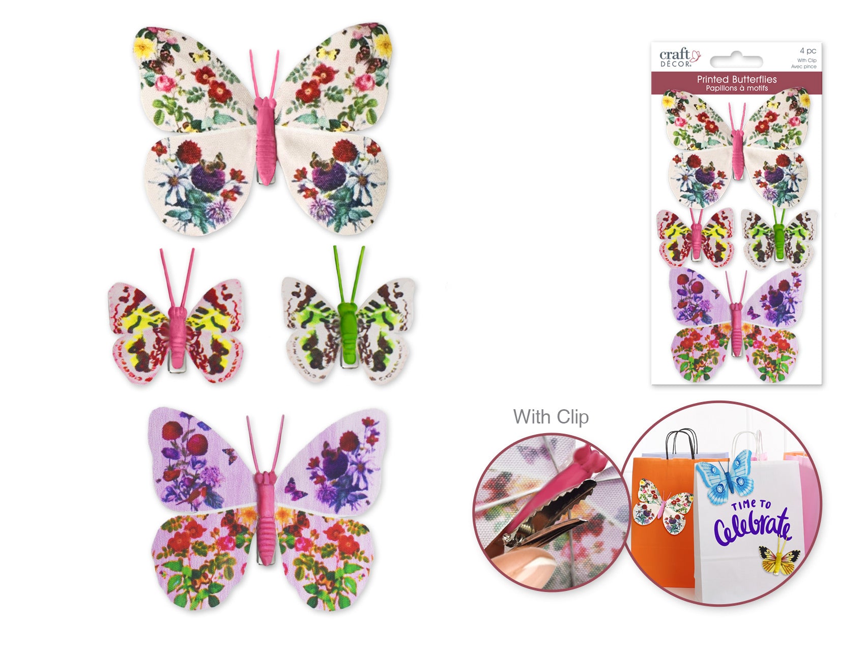 Craft Decor: 3.2"+1.8" Printed Butterflies 4pc w/Gator Clip