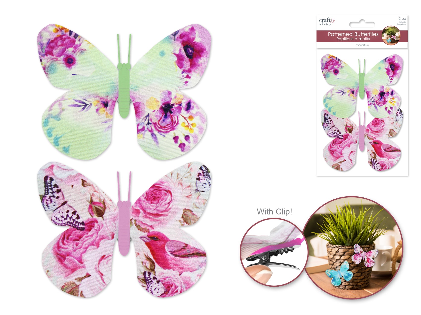 Craft Decor: 10cmx7.7cm Patterned Butterflies x2 w/Clip