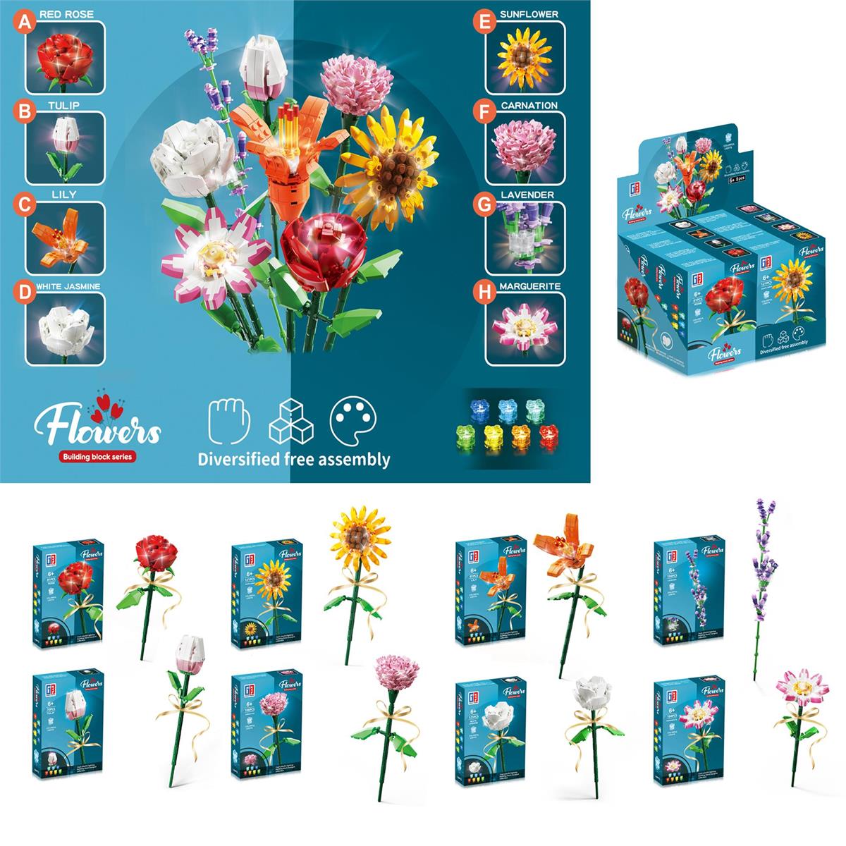 Lite-Up Flower Building Blocks, 8 Assorted style