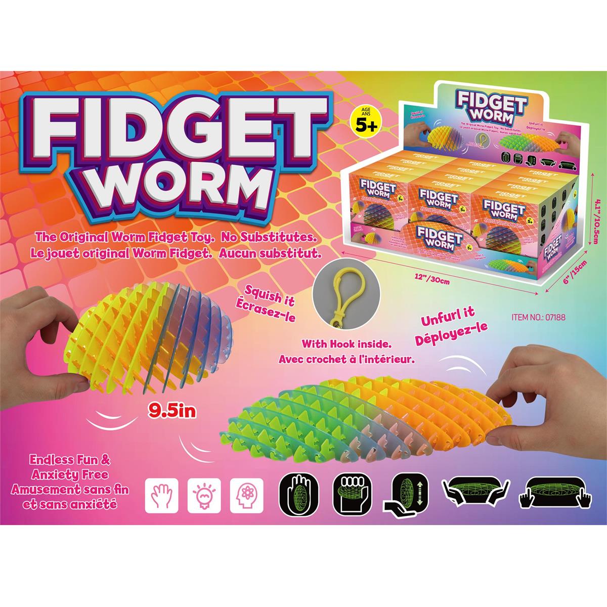 Fidget Worm, Rainbow Colour w/clip
