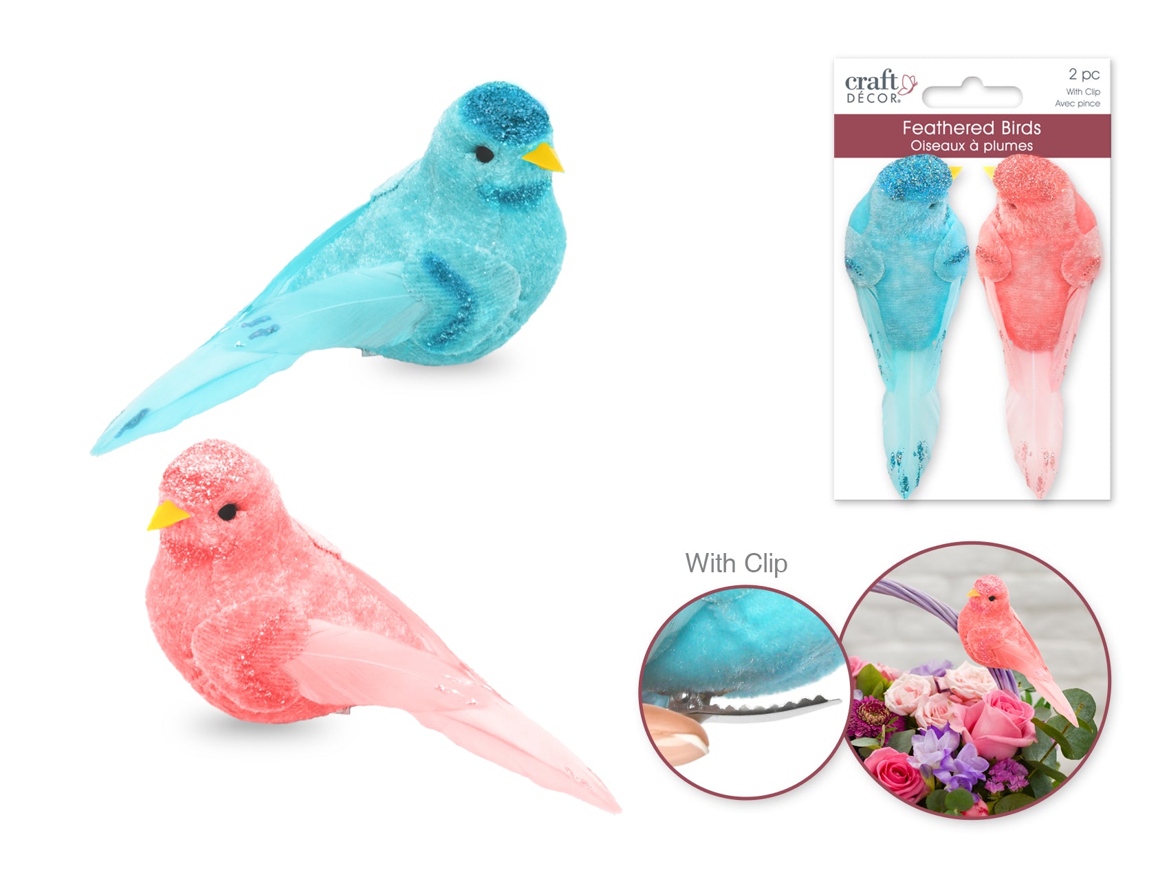 Craft Decor: 4.3" Bird 2pc Glitter+Velour w/Gator Clip