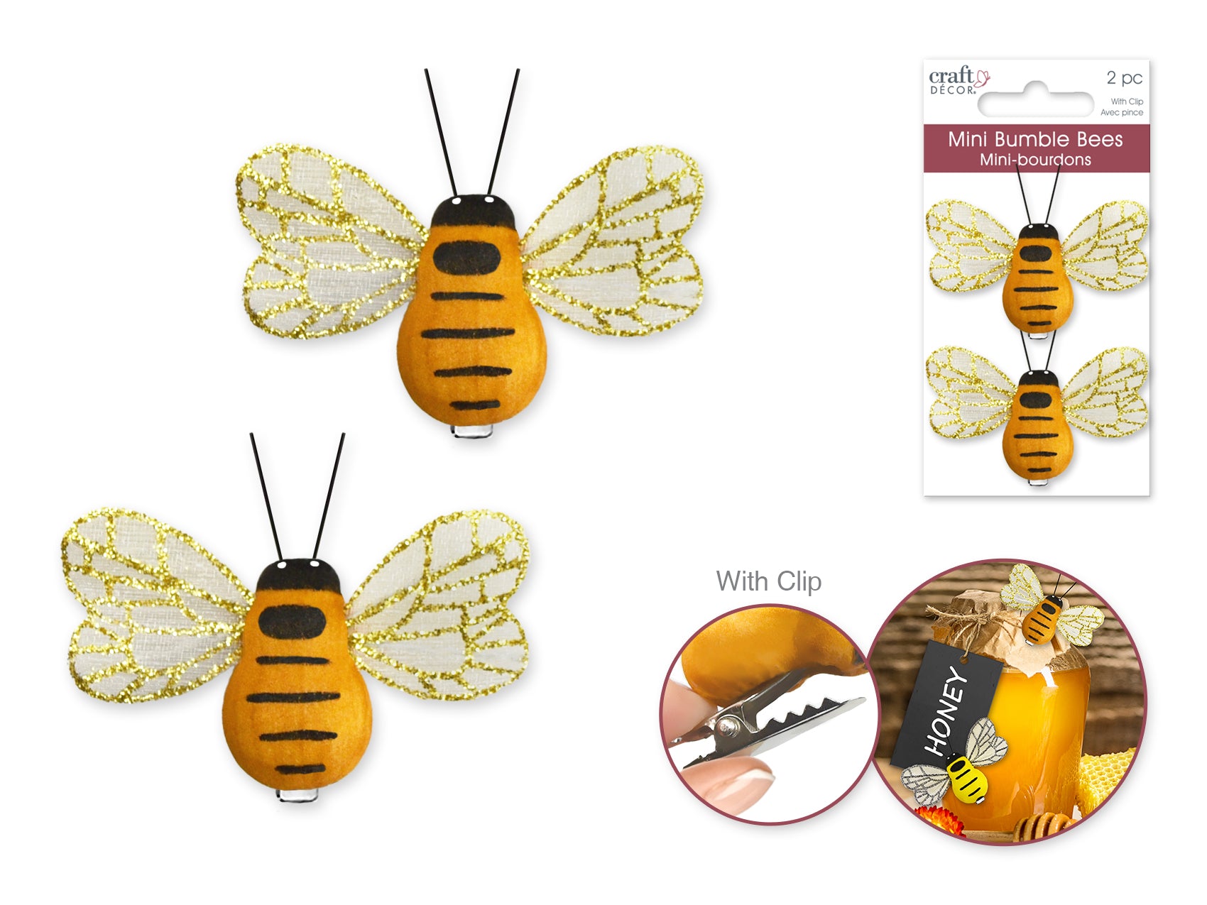 Craft Decor: 2"x1.6" Mini Bumble Bees w/Sheer Wings x2 w/Clip