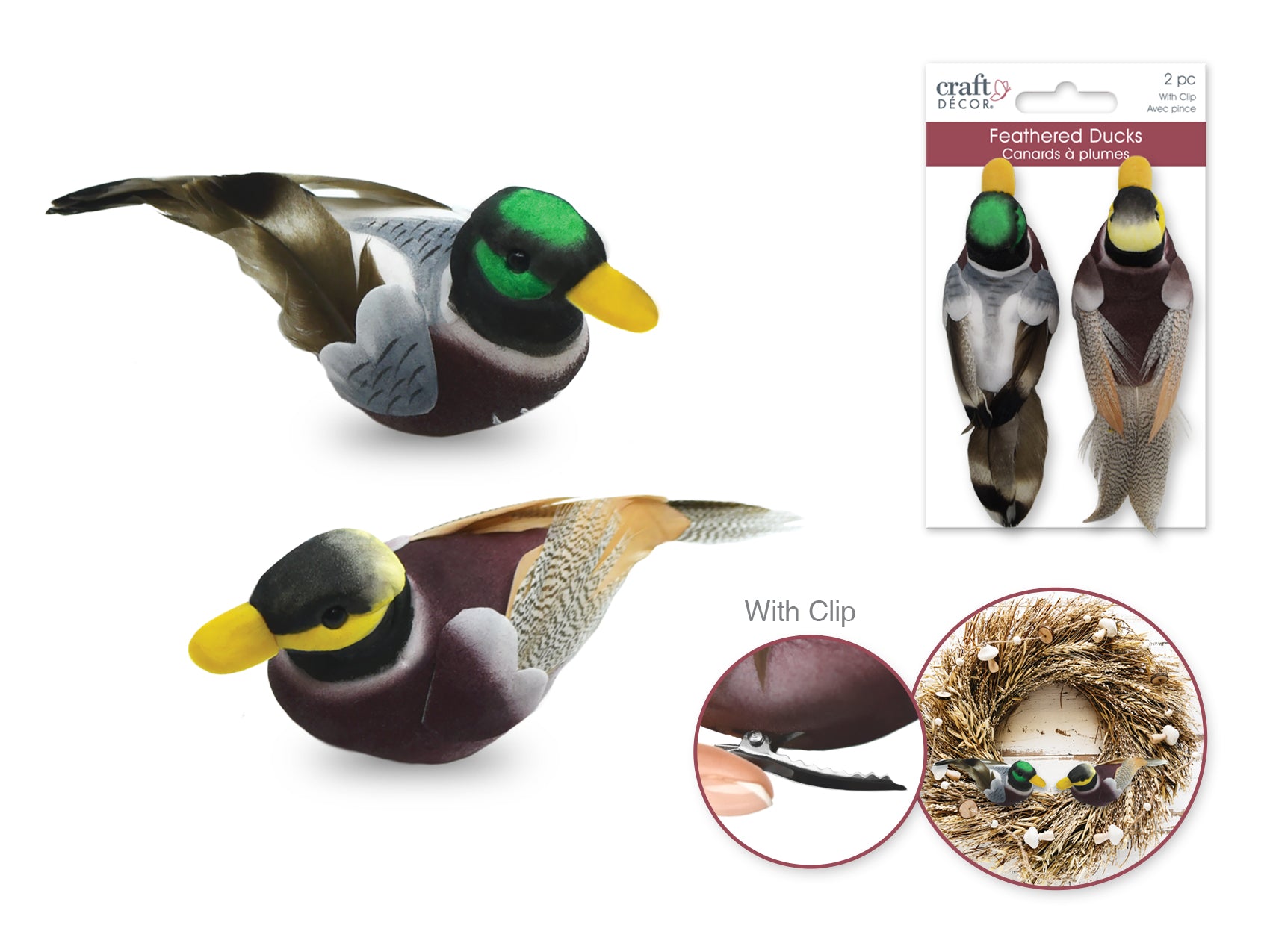 Craft Decor: 4.3"+4.5" Mallard Duck 2pc w/Gator Clip