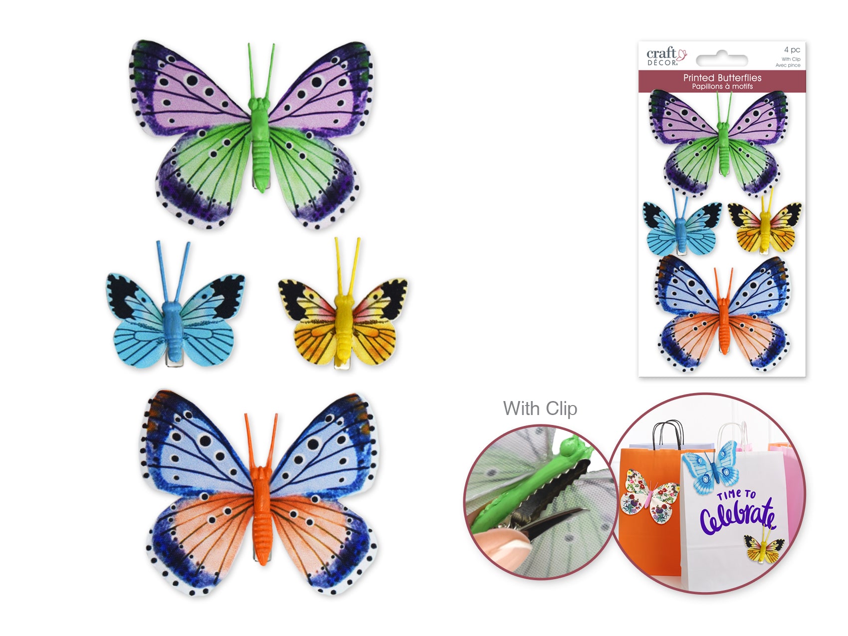 Craft Decor: 3.2"+1.8" Printed Butterflies 4pc w/Gator Clip
