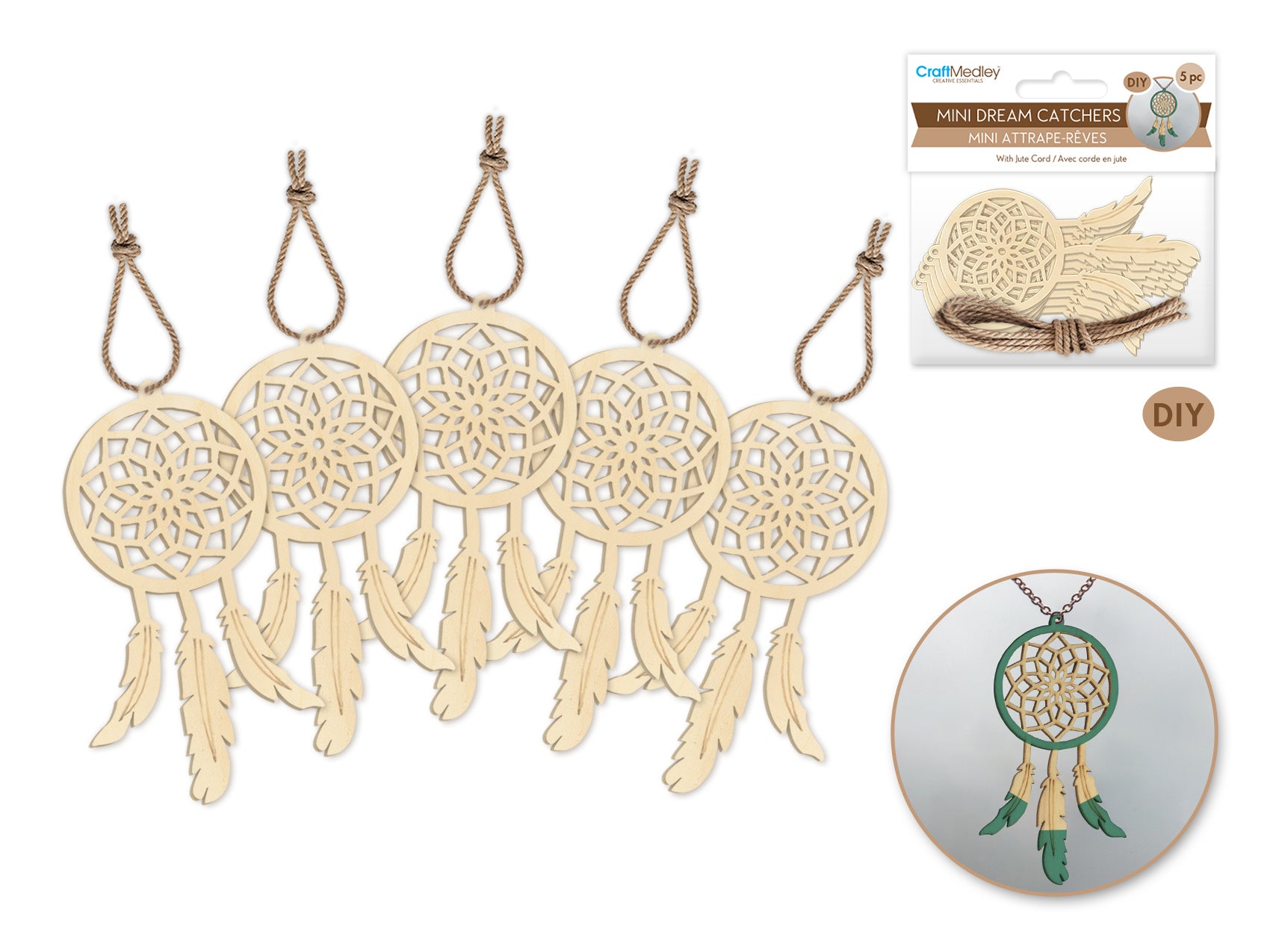 Craftwood Mini Dream Catcher Kit: 1.9"x3.5", 5-Pack Including Jute Cord, Laser Cut