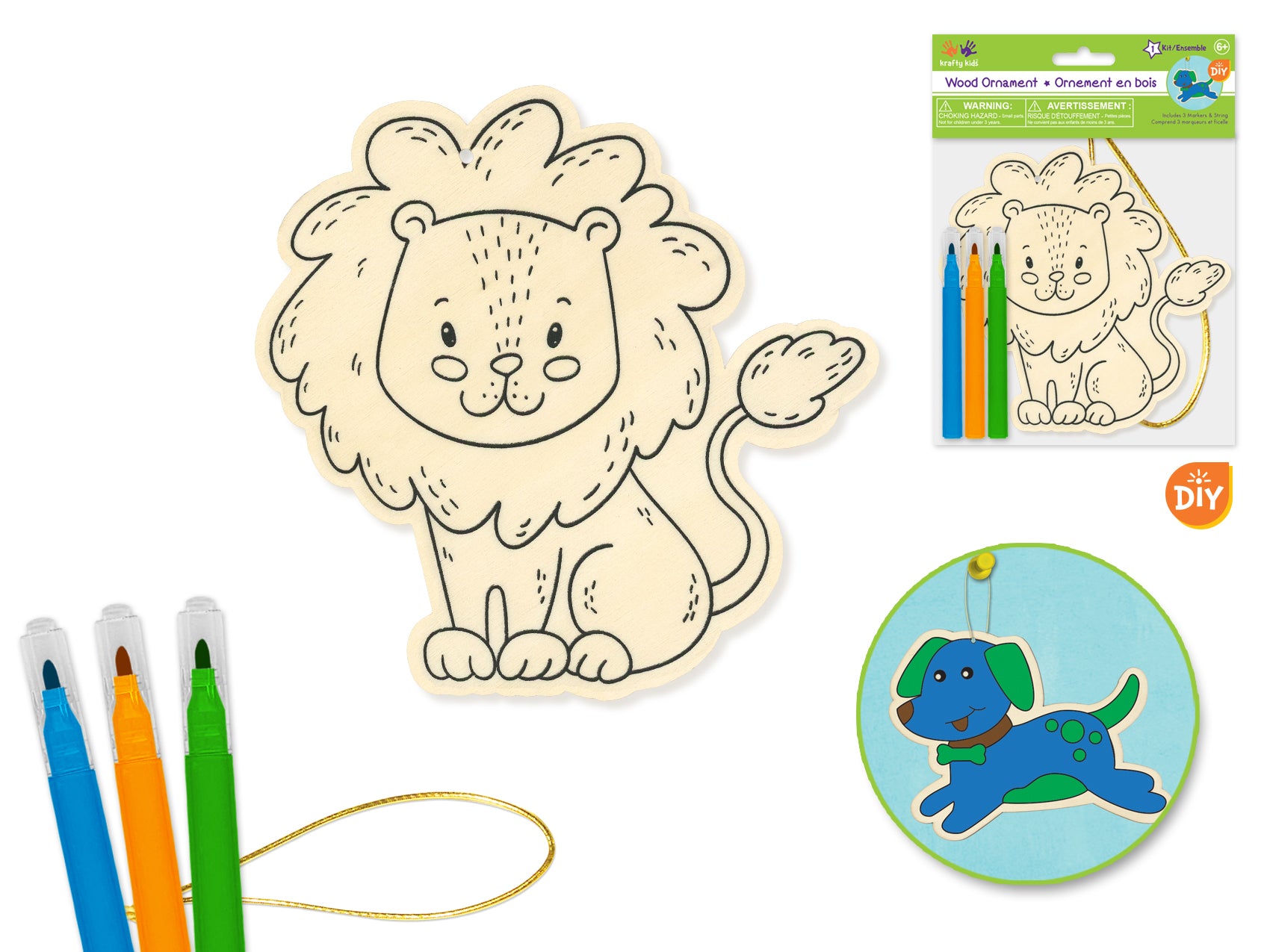 Krafty Kids Kit: DIY Wood Ornament Kit w/3 Mini Felt Markers