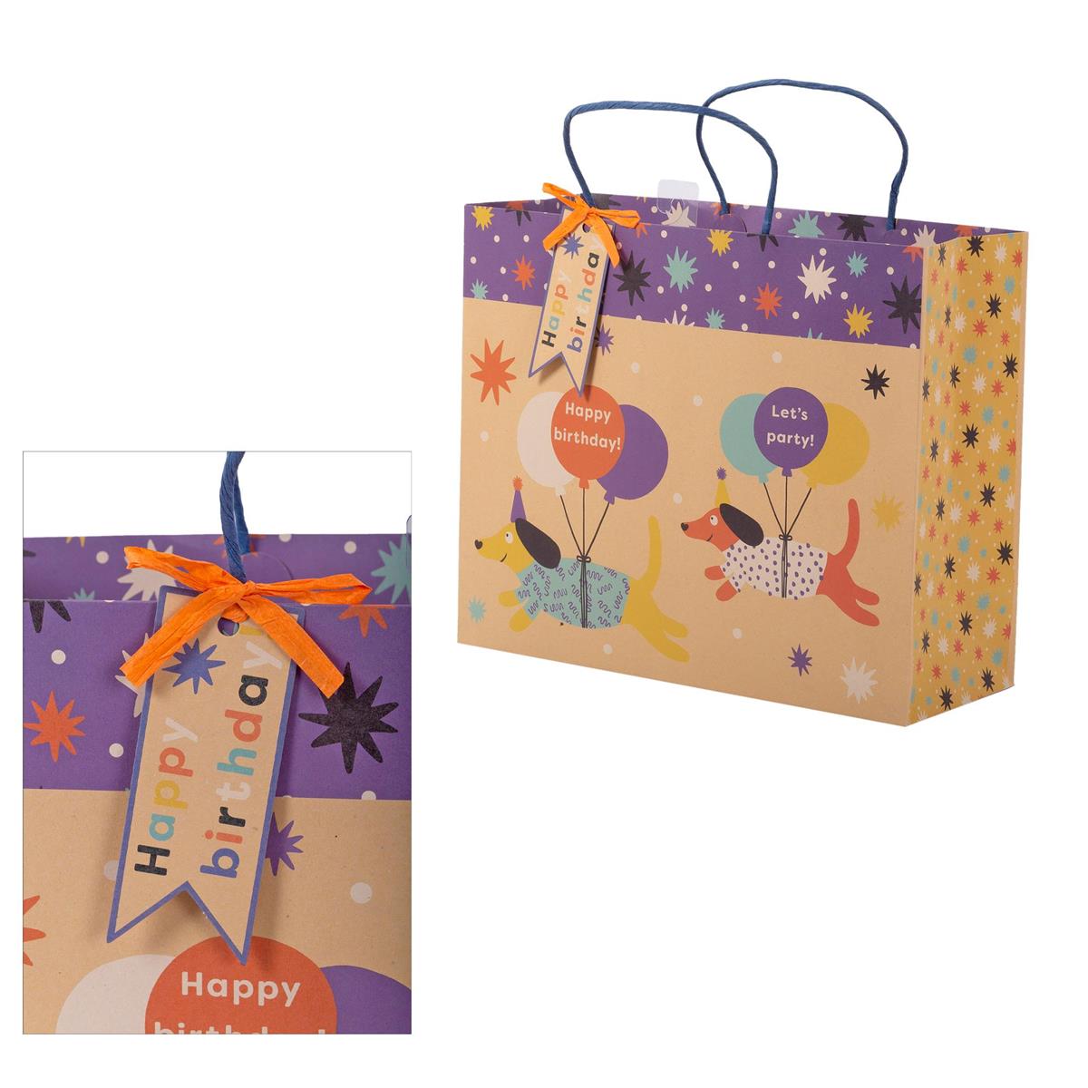 Paper T., Delux Large Horizontal Gift Bag, Bday Dogs, 210GSM