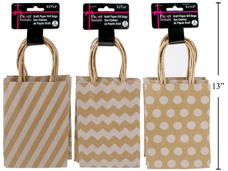 Paper T. 4pk Kraft Gift Bag,3 Asst. Printed, 8.5x10.5x2.75"
