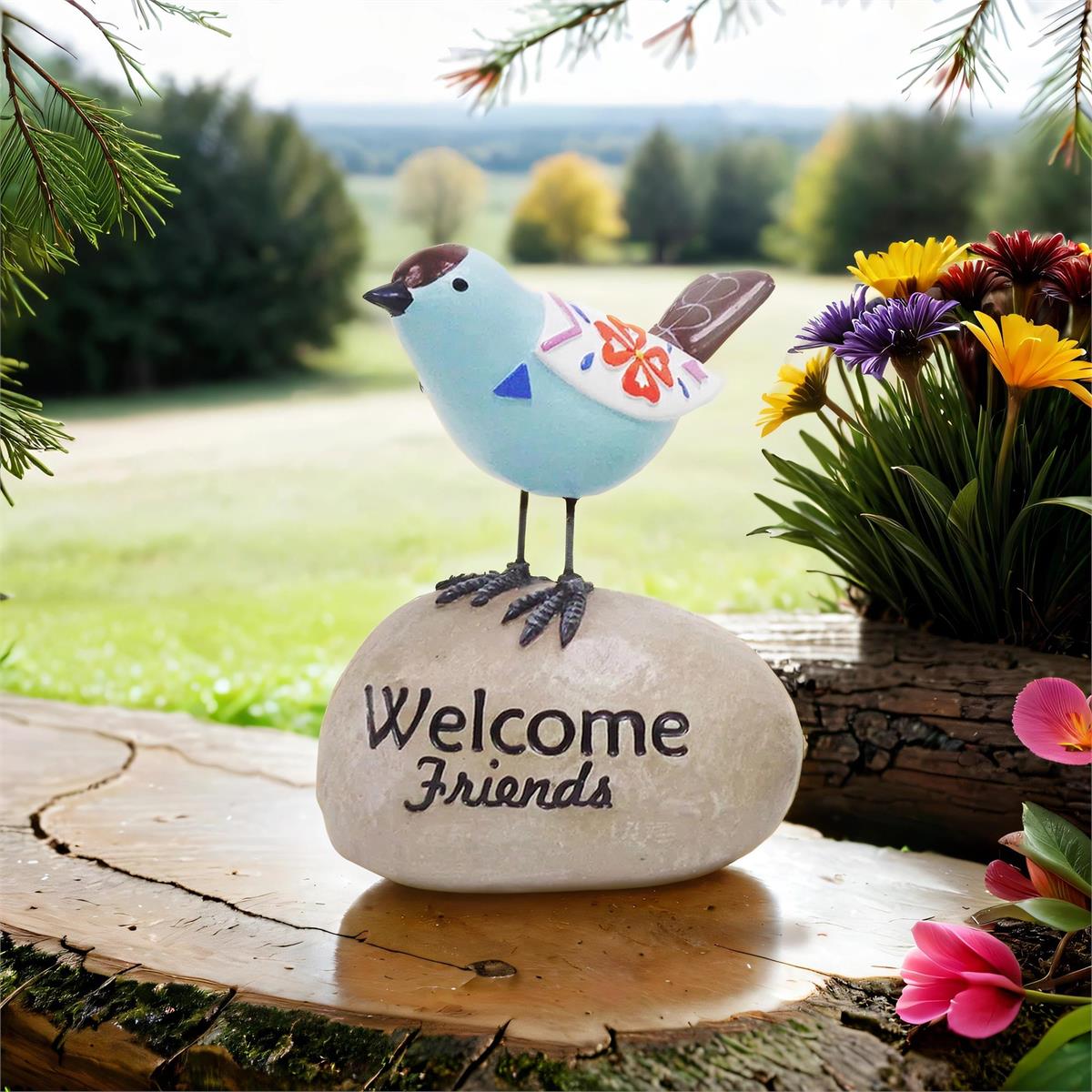 Country G. Polyresin Bird on Stone 4.9" Decor