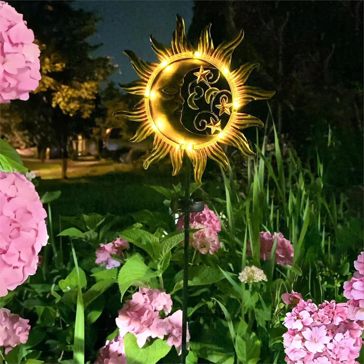Solar Light Up 38"H Metal Stake, Moon Face