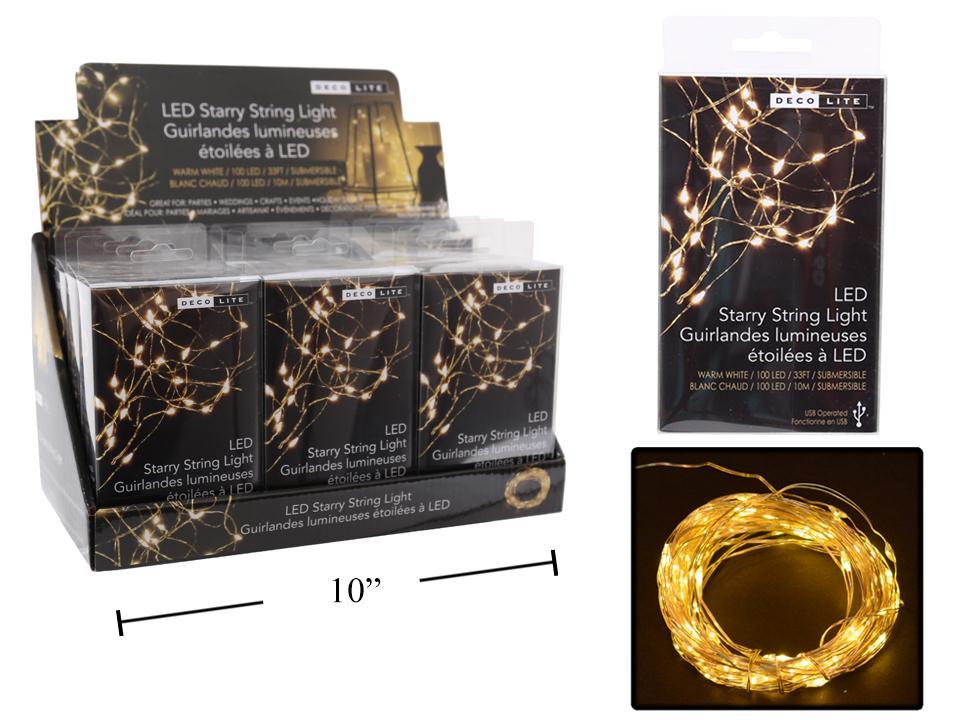 Deco L. Starry String Lights w/USB, Submersible, Warm/Bright White, 100LED