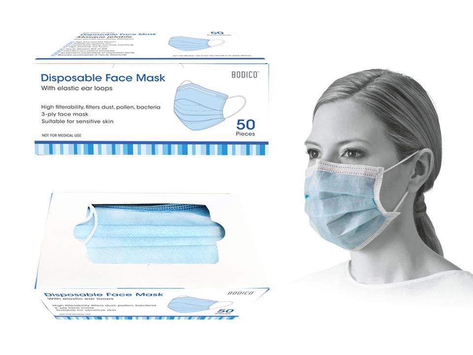 Disposable Mask 3 Ply with Ear Loop, 50-Pack
