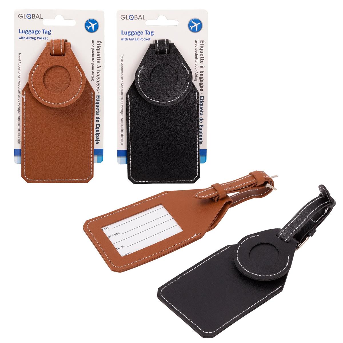 Luggage Tag w/AirTag Pocket PU Leather, 6.5x19cm, 2pcs