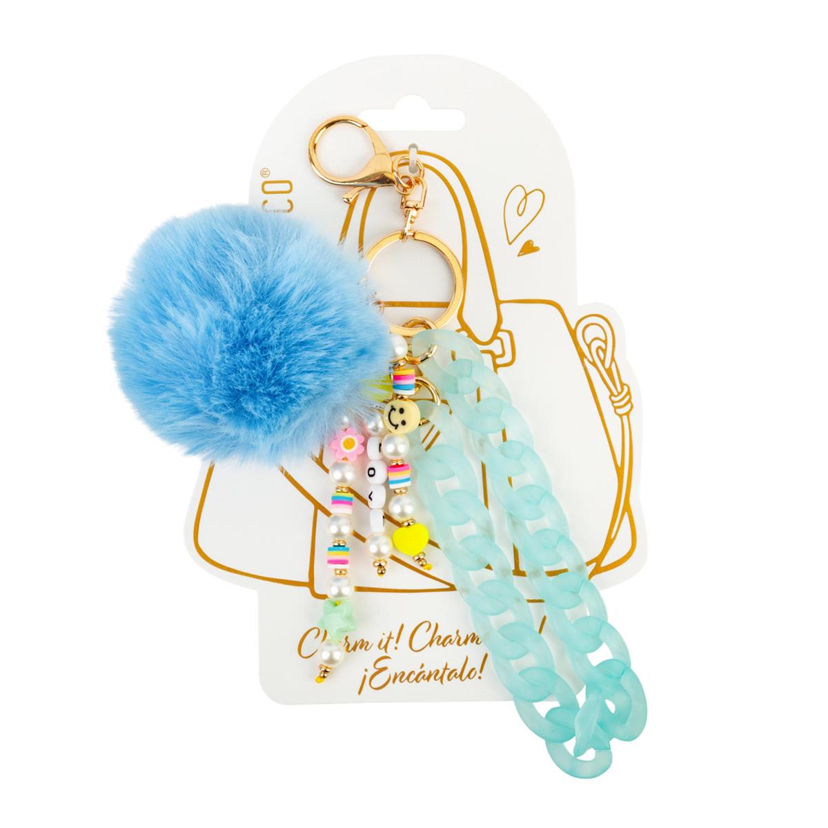 Blue Chain Bag Charm with Pom and Beads