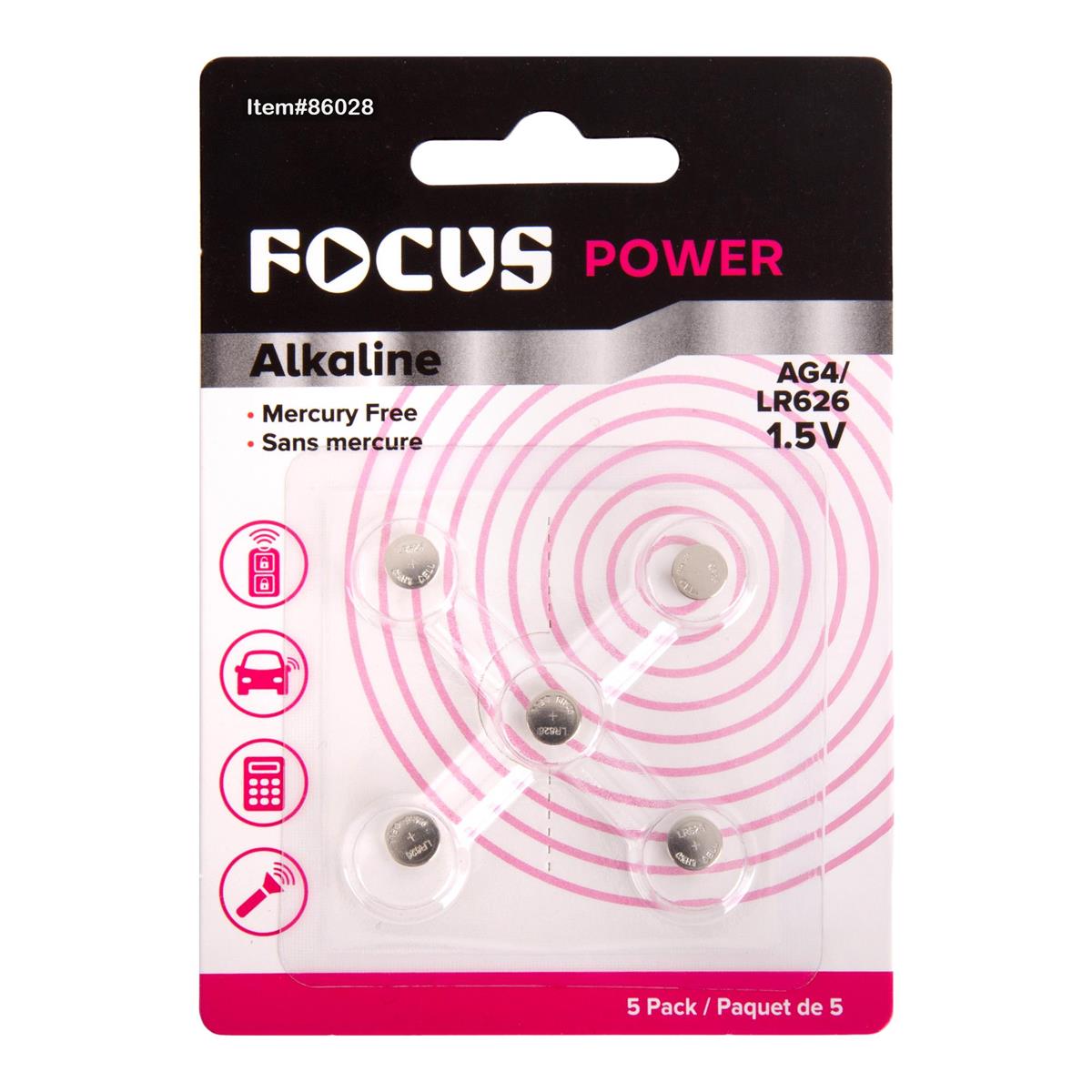 Focus E. Battery AG4/LR626 Alkaline Mercury Free 5pk