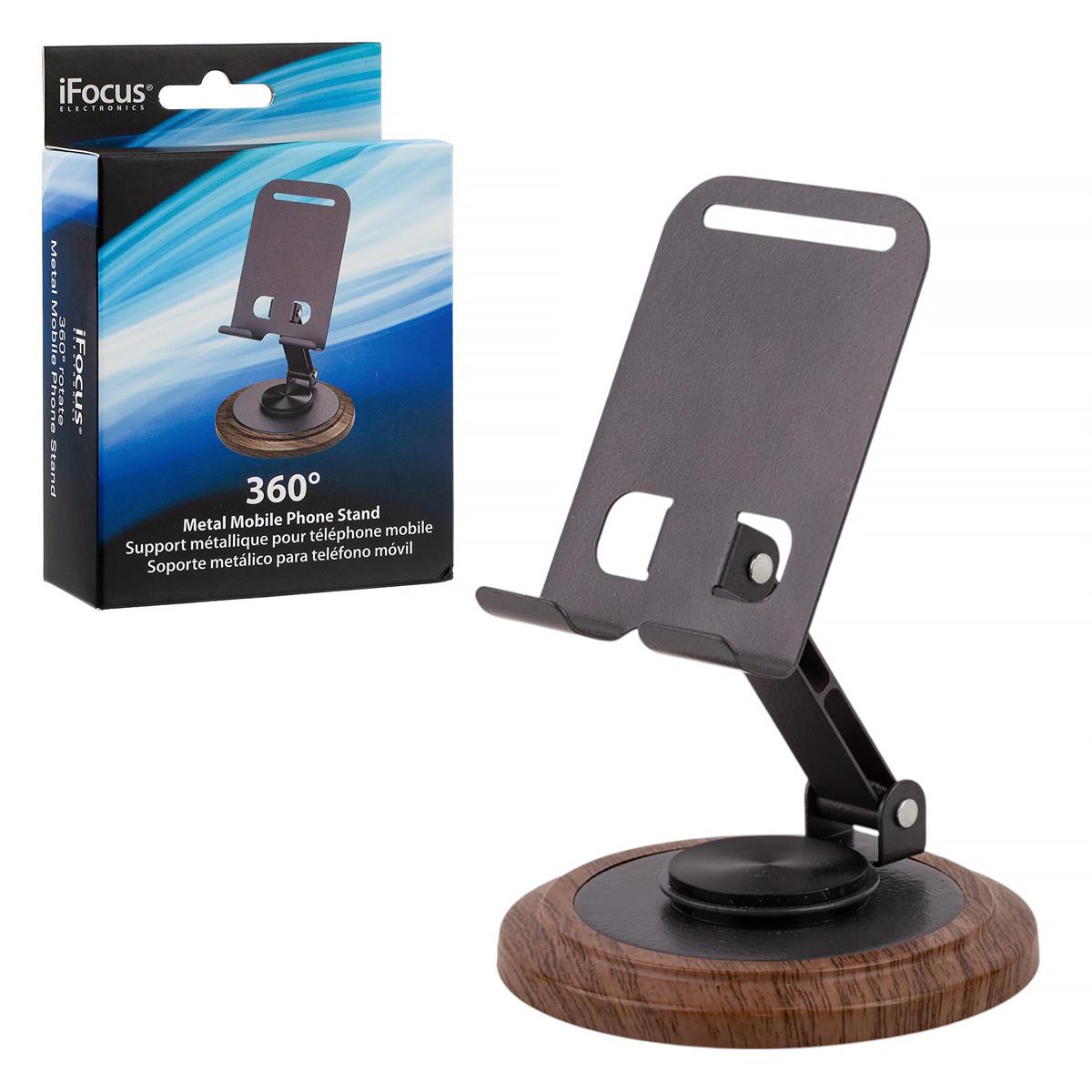 360° Rotating Metal Phone Stand with Walnut Base