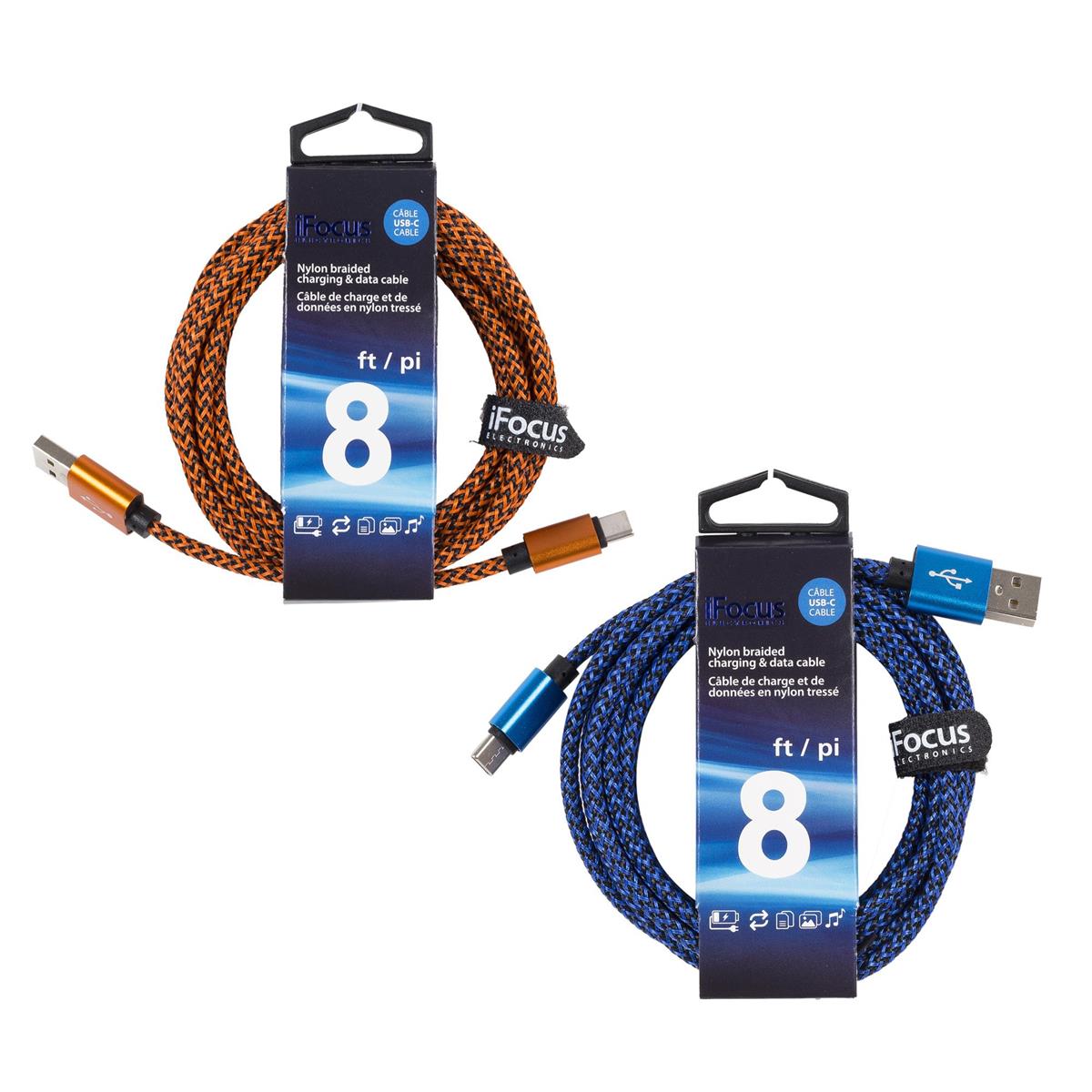 iFocus, 8 ft. USB-C data cable 2 tone Braided, 4 Color with Strap