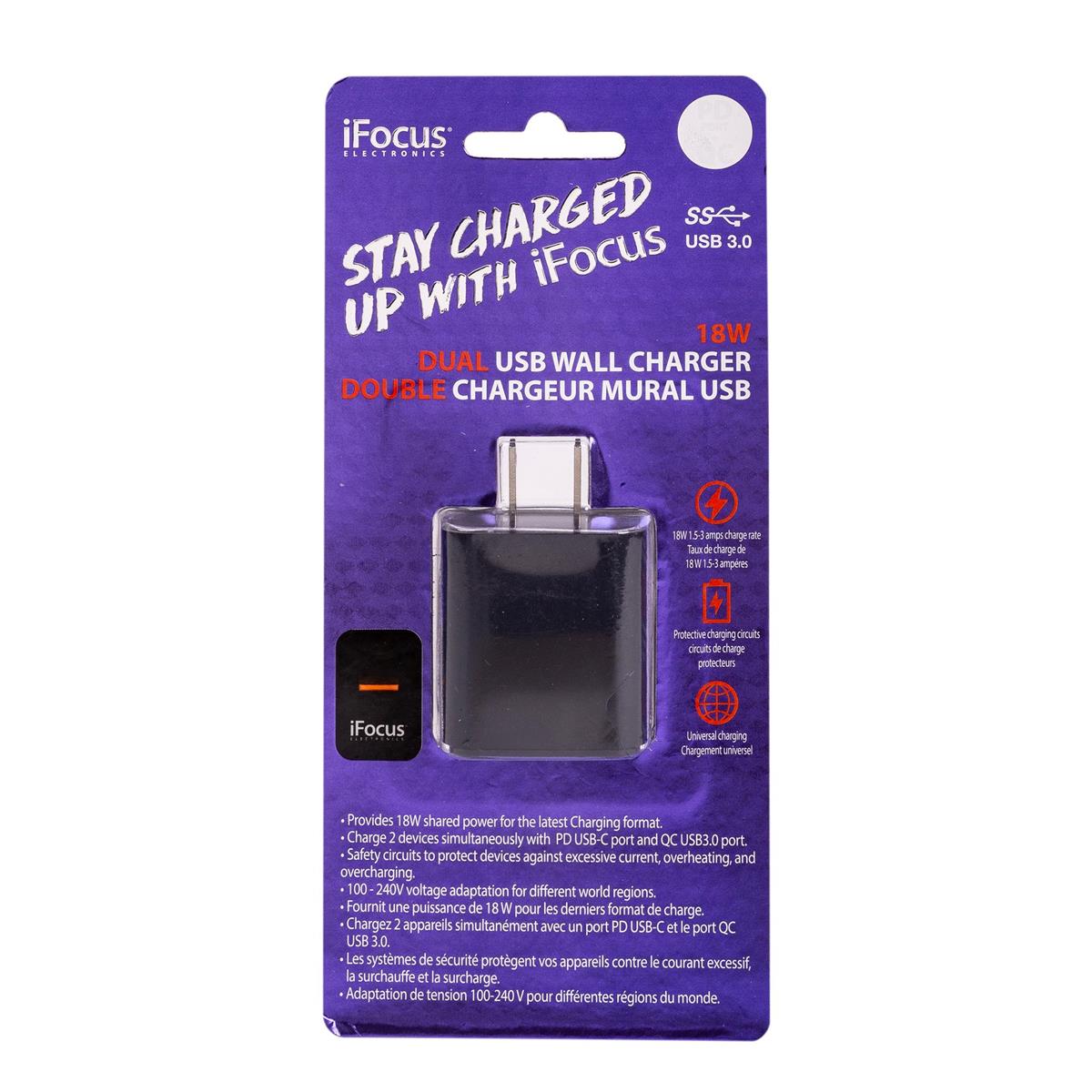 iFocus Dual PD+QC 18W USB Charger, BLK, 5V-12V/3A-1.5A shared power