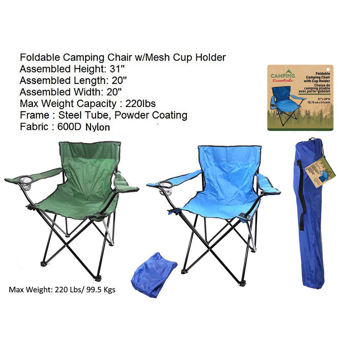 Camping Folding Chair with Cup Holder in Carrying Bag