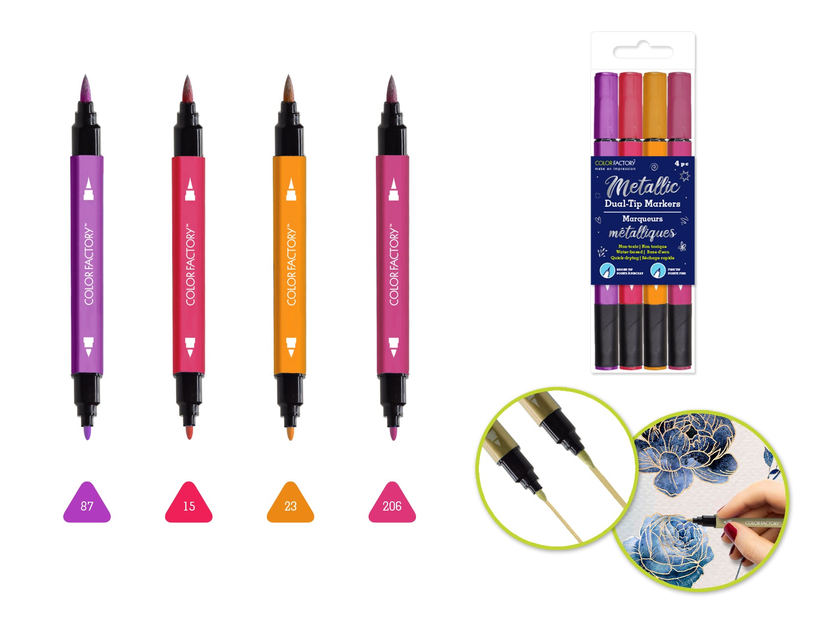 Color Factory: Metallic Dual-Tip Markers Fine+Brush 4pk Water Based
