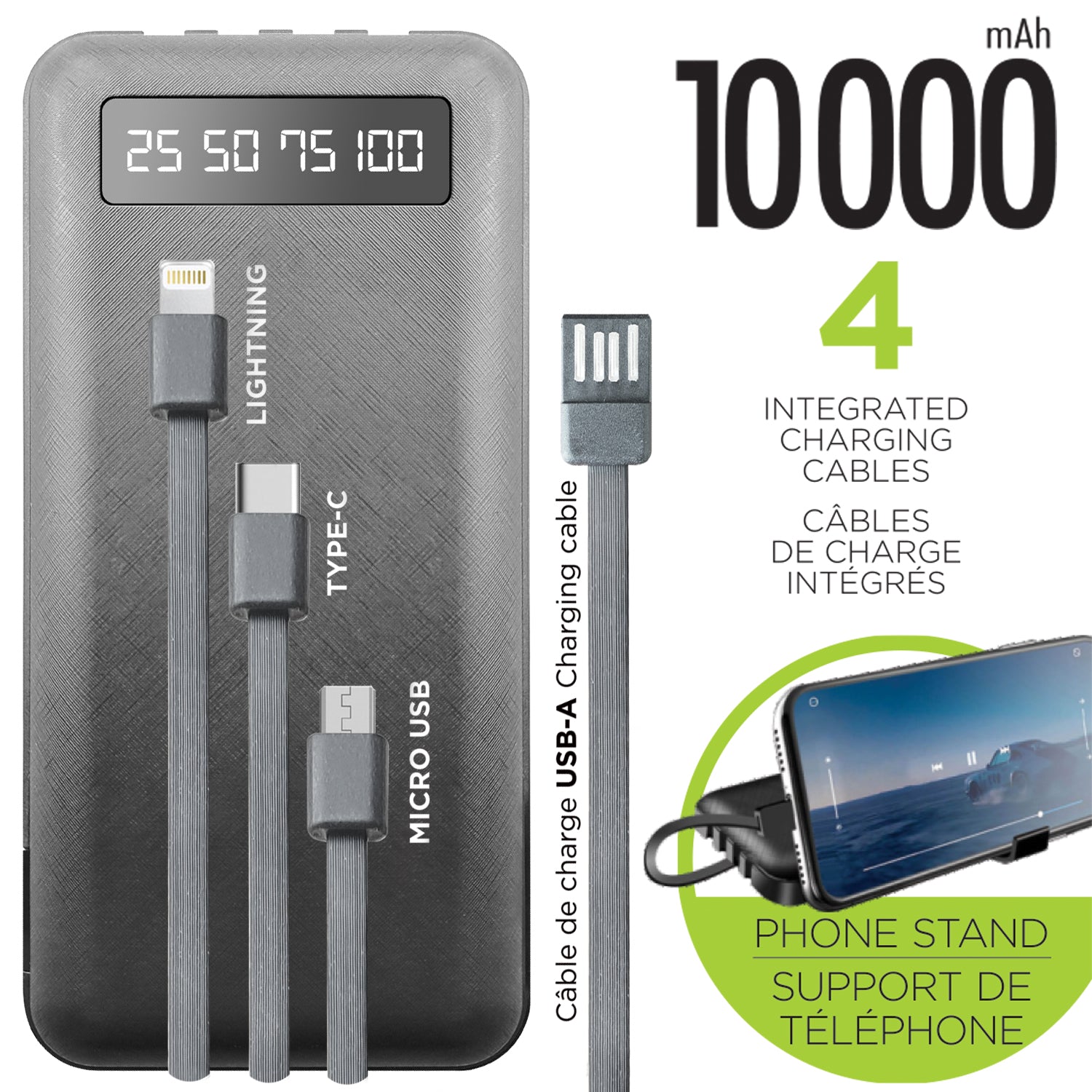 Boost 10000mAh Power Bank with Built-In Cables & Phone Stand
