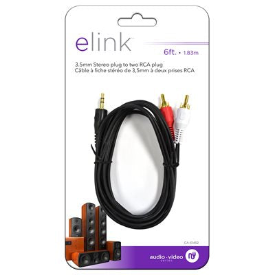 6 Ft. Adaptor Cable with 3.5 mm Stereo Plug to Two RCA Plugs