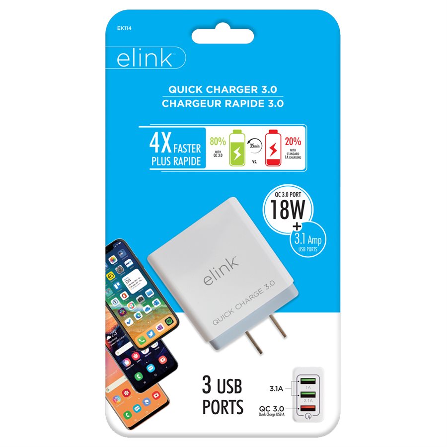 3-Port USB Wall Charger with Quick Charge 3.0 Capability