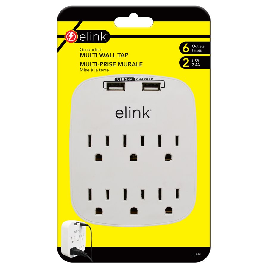 6-Outlet Wall Tap with 2 USB Ports, 2.4A