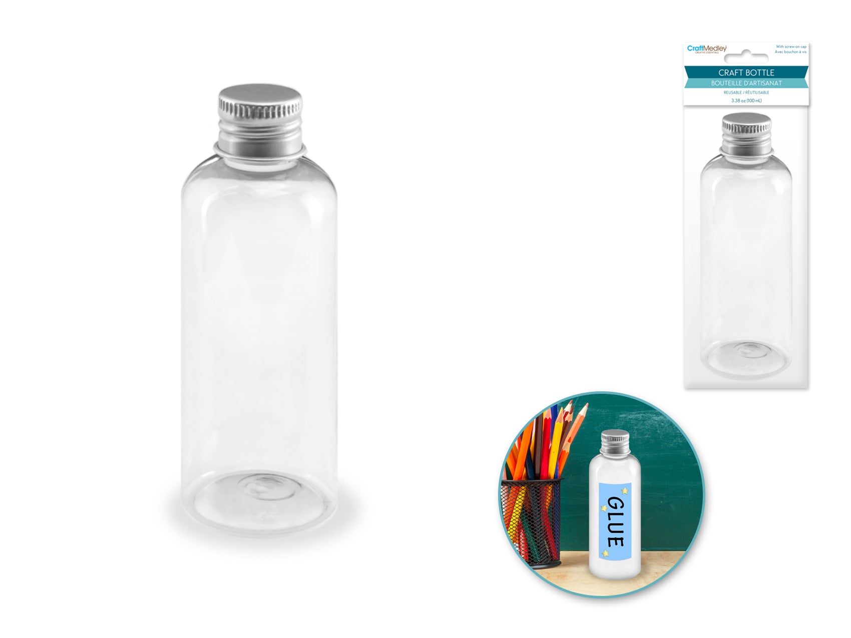 Plastic Bottle: 3.38oz (100ml) Transparent w/Matte Aluminum Screw-Cap