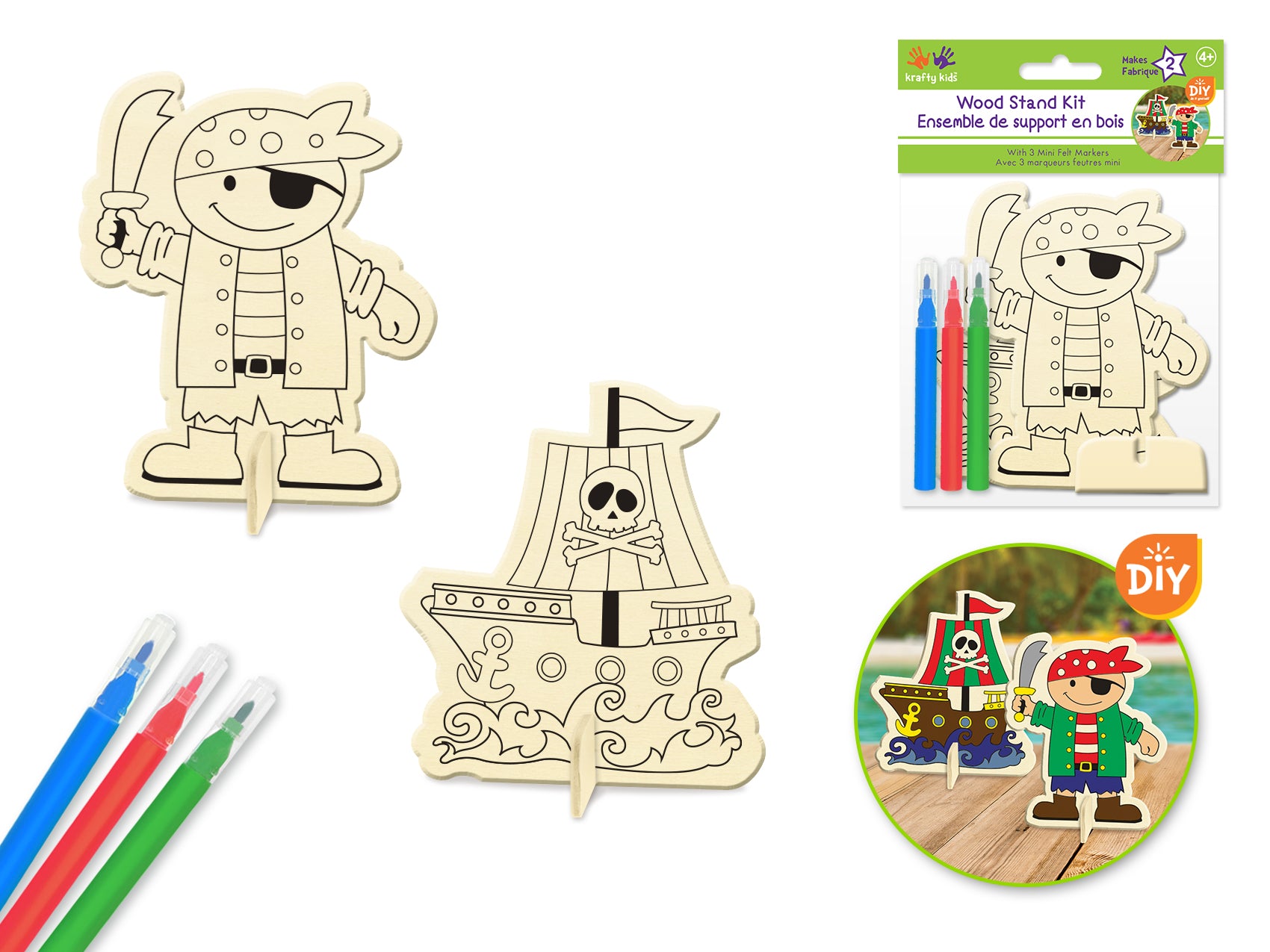 Krafty Kids Kit: DIY Wood Stand Kits 2ct w/3 Mini Felt Markers