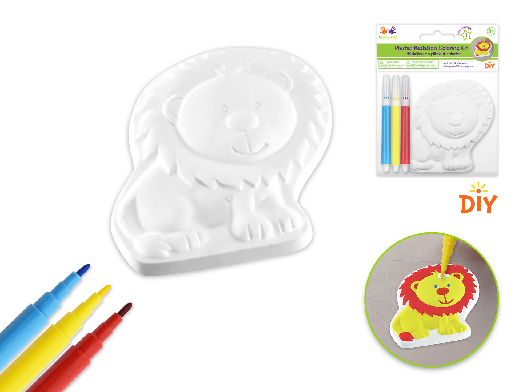 Krafty Kids Kit: 2.75" DIY Plaster Medallion Coloring Kit w/3 Markers