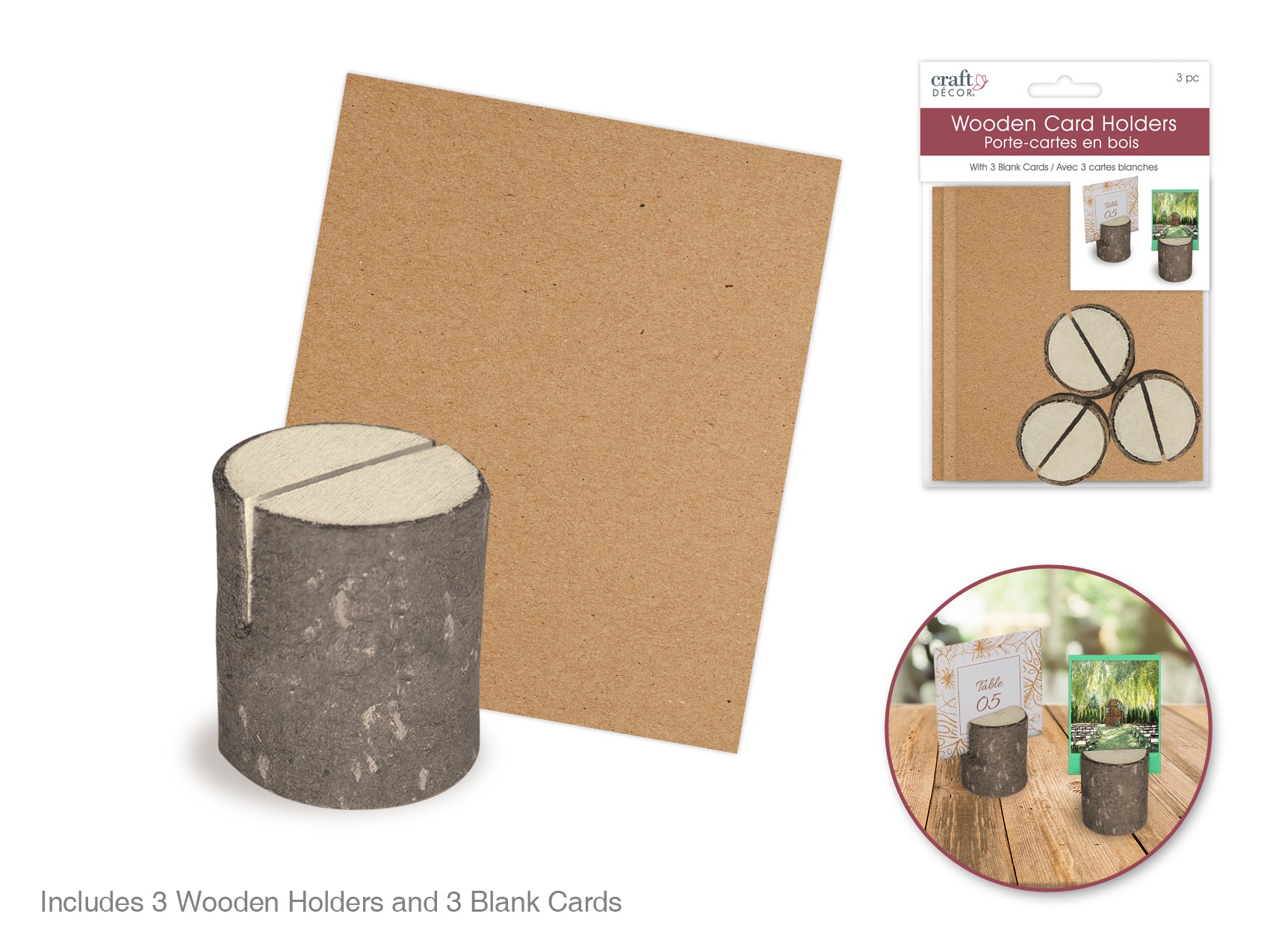 Craft Decor: 1.1"x1.2" Wooden Log Card Holder 3pc w/3 Table Cards