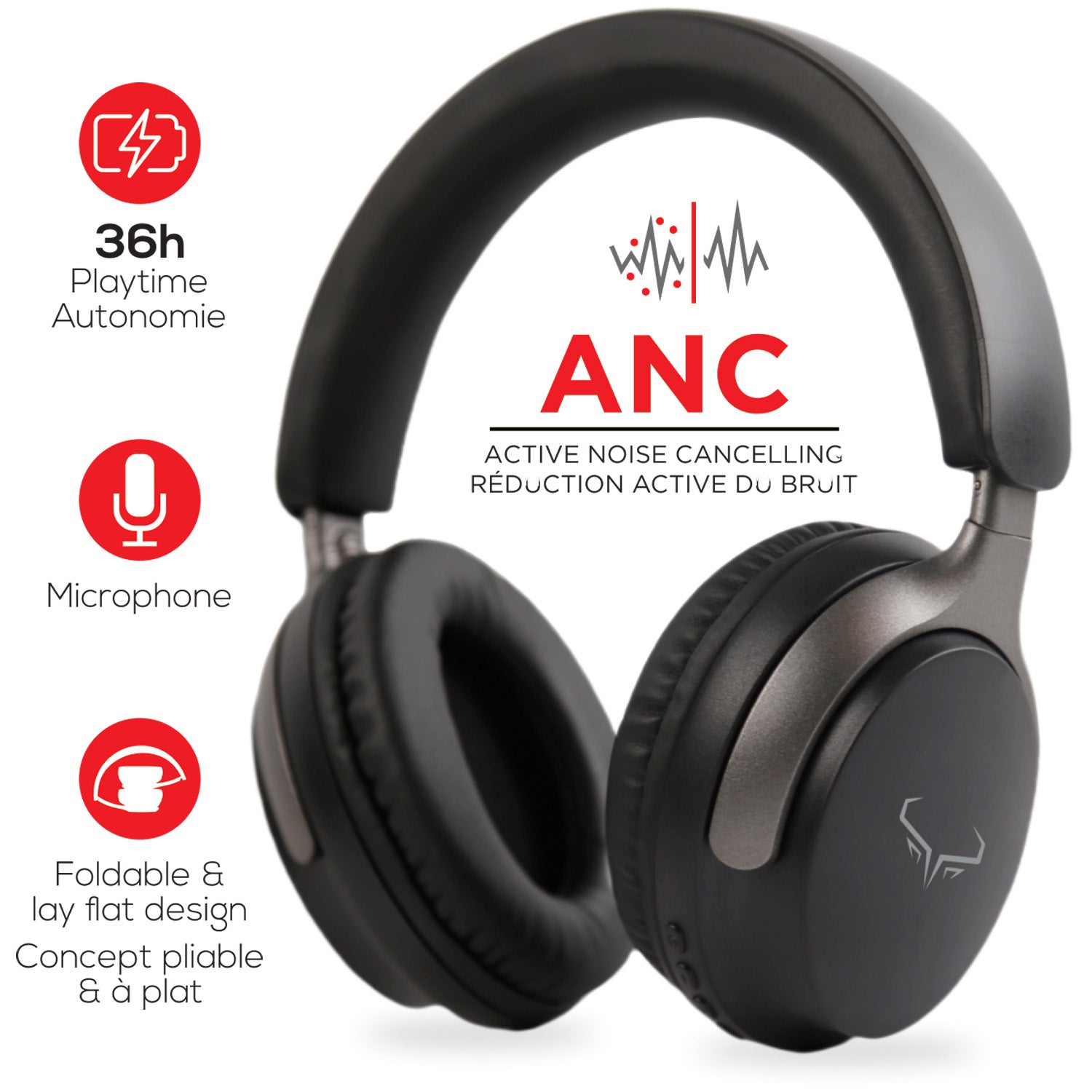 Wireless Noise-Cancelling Headphones with Mic - Black