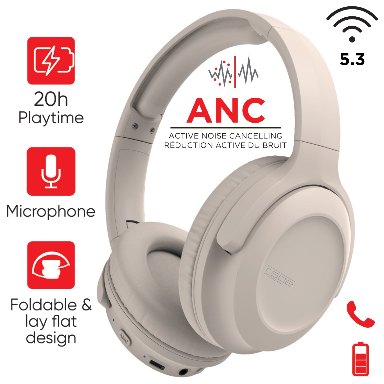 Beige Wireless Noise-Cancelling Headphones with Mic