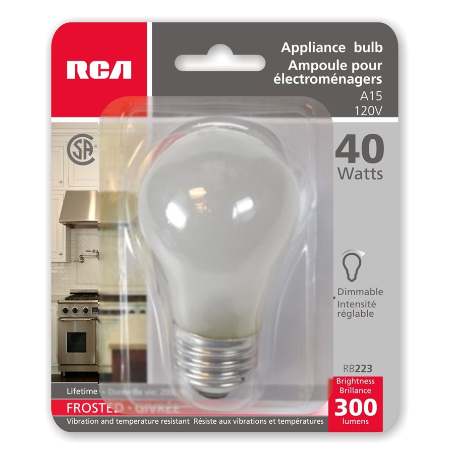 RCA A15 Frosted Appliance Bulb, 120V, 40W