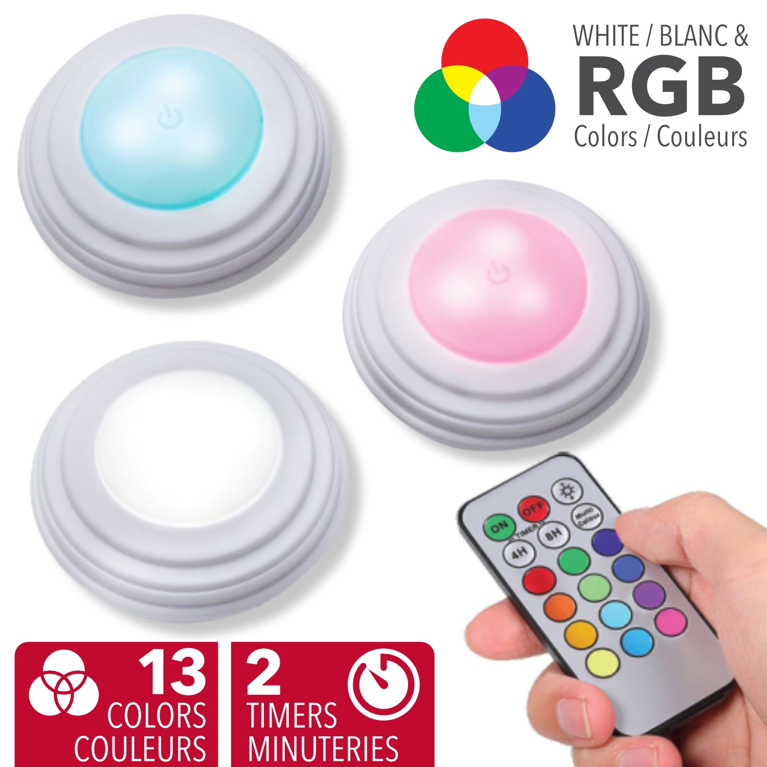 RCA RGB LED Puck Lights with Remote, 3 Pack