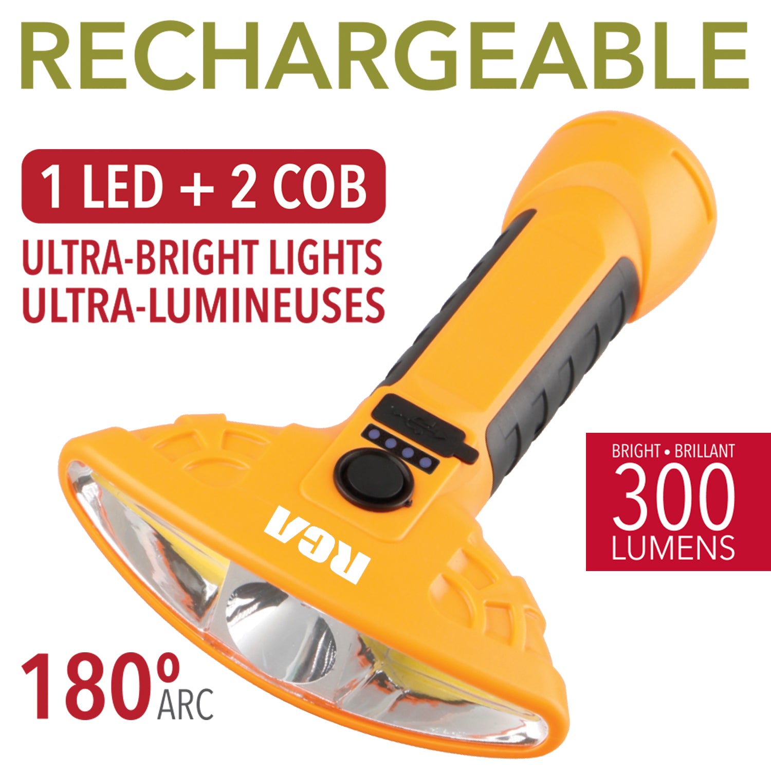 Rechargeable 3-Head Flashlight with Magnetic Base, 300 Lumens