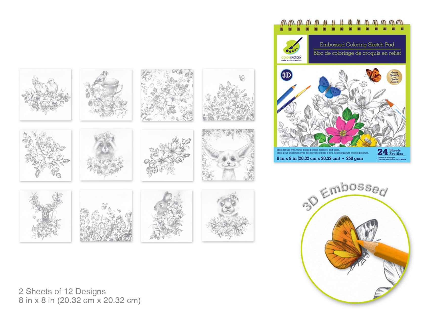 Color Factory: 3D Embossed Coloring Sketch Pad 8"x8" 250gsm 24 Sheet