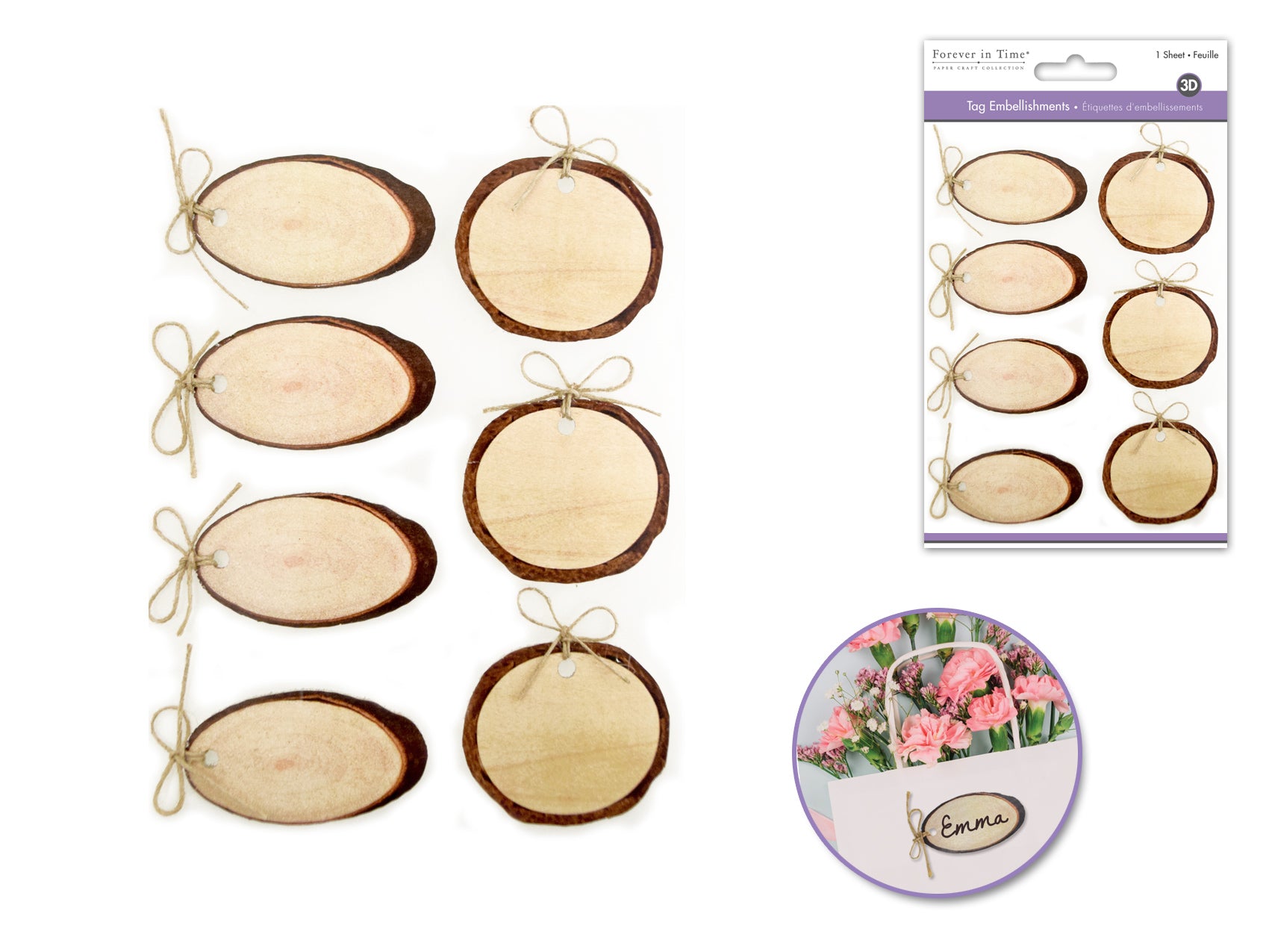 Handmade Sticker: 4.5"x5.5" 3D Wood Slice Look Tags w/Hemp Cord