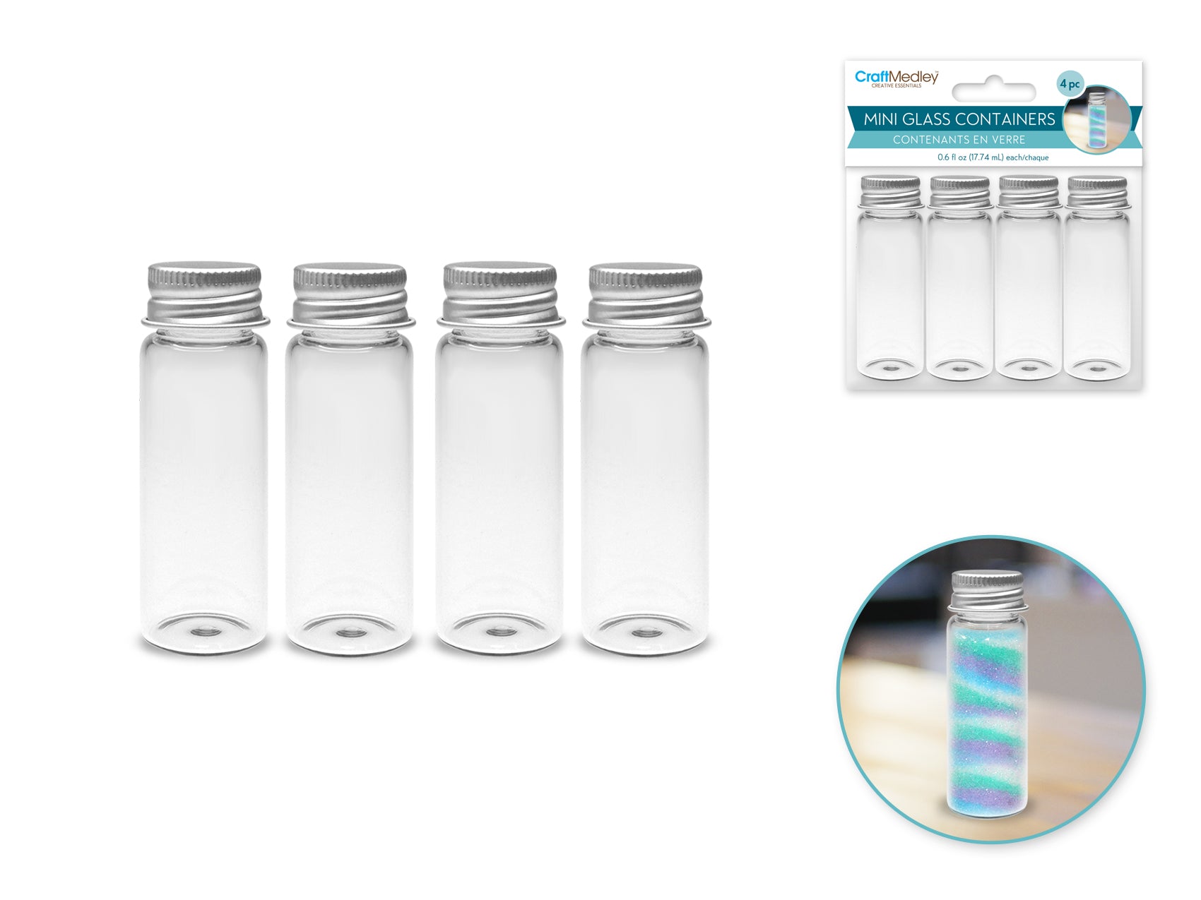 Mini Glass Bottles with Matte Aluminum Caps, 17 ml, 4 Pack