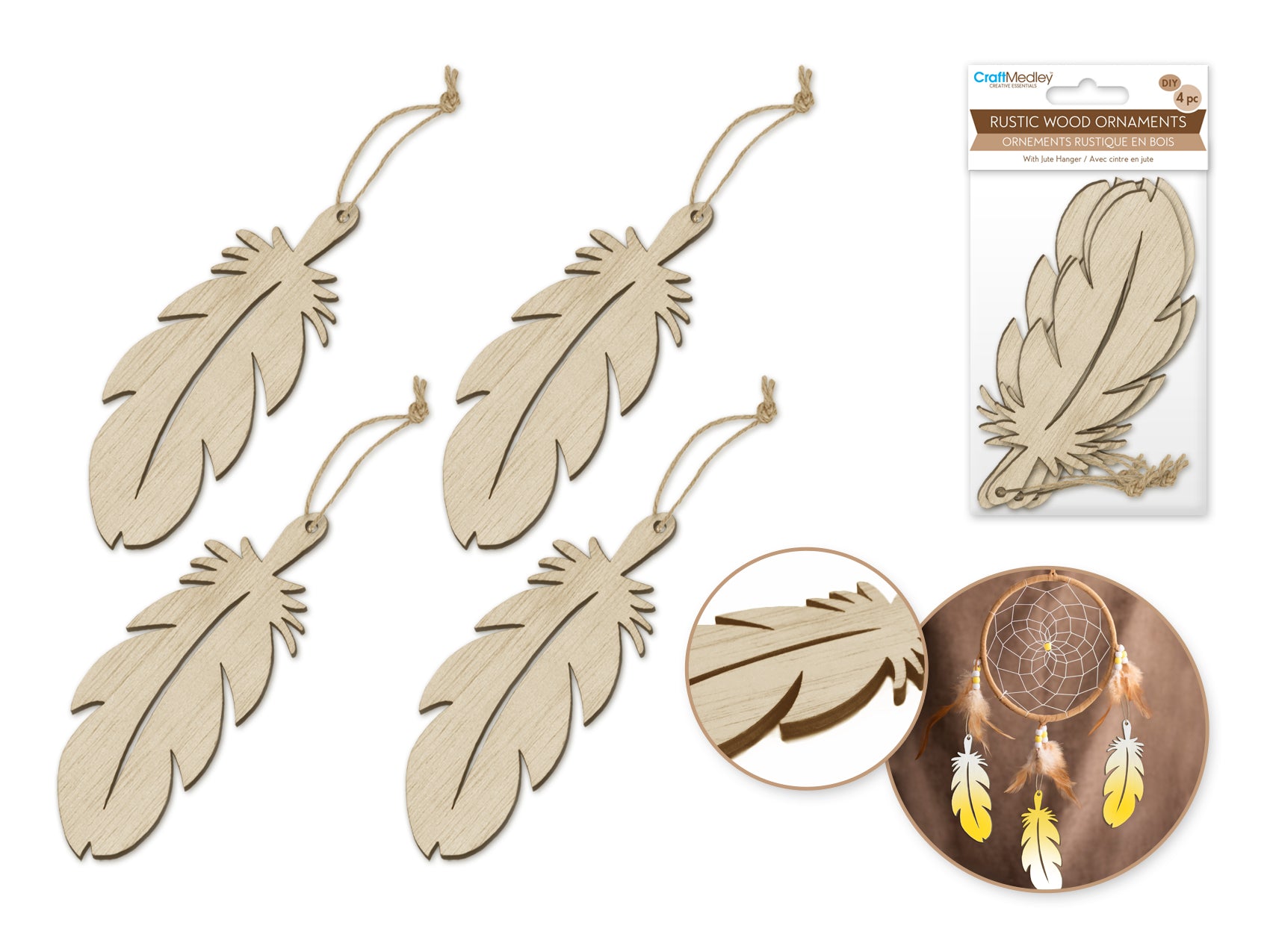 Rustic Wooden Feather Ornaments, 4 Pack