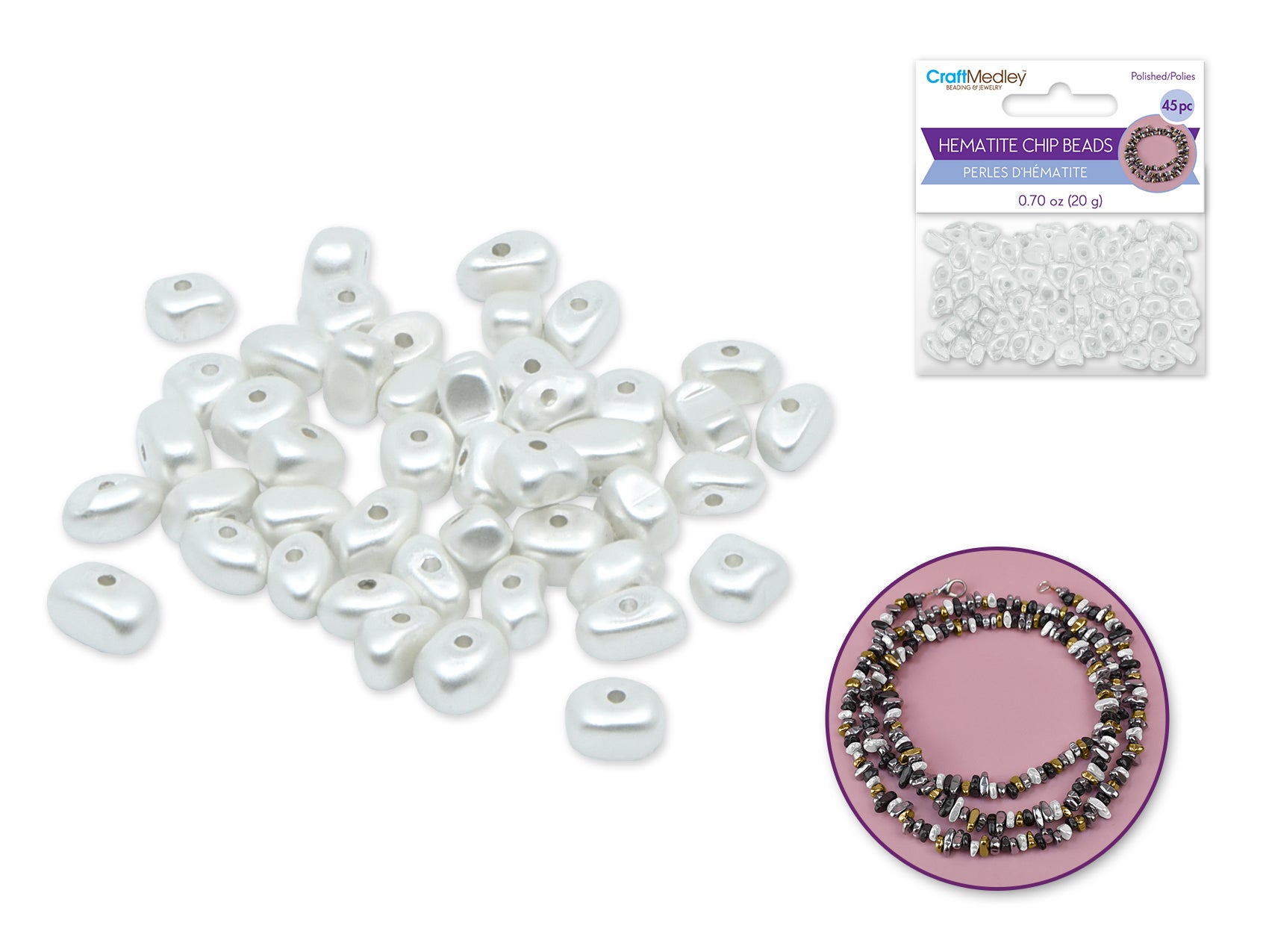 Craft Medley Polished Hematite Chip Beads, Pearl White, 20g
