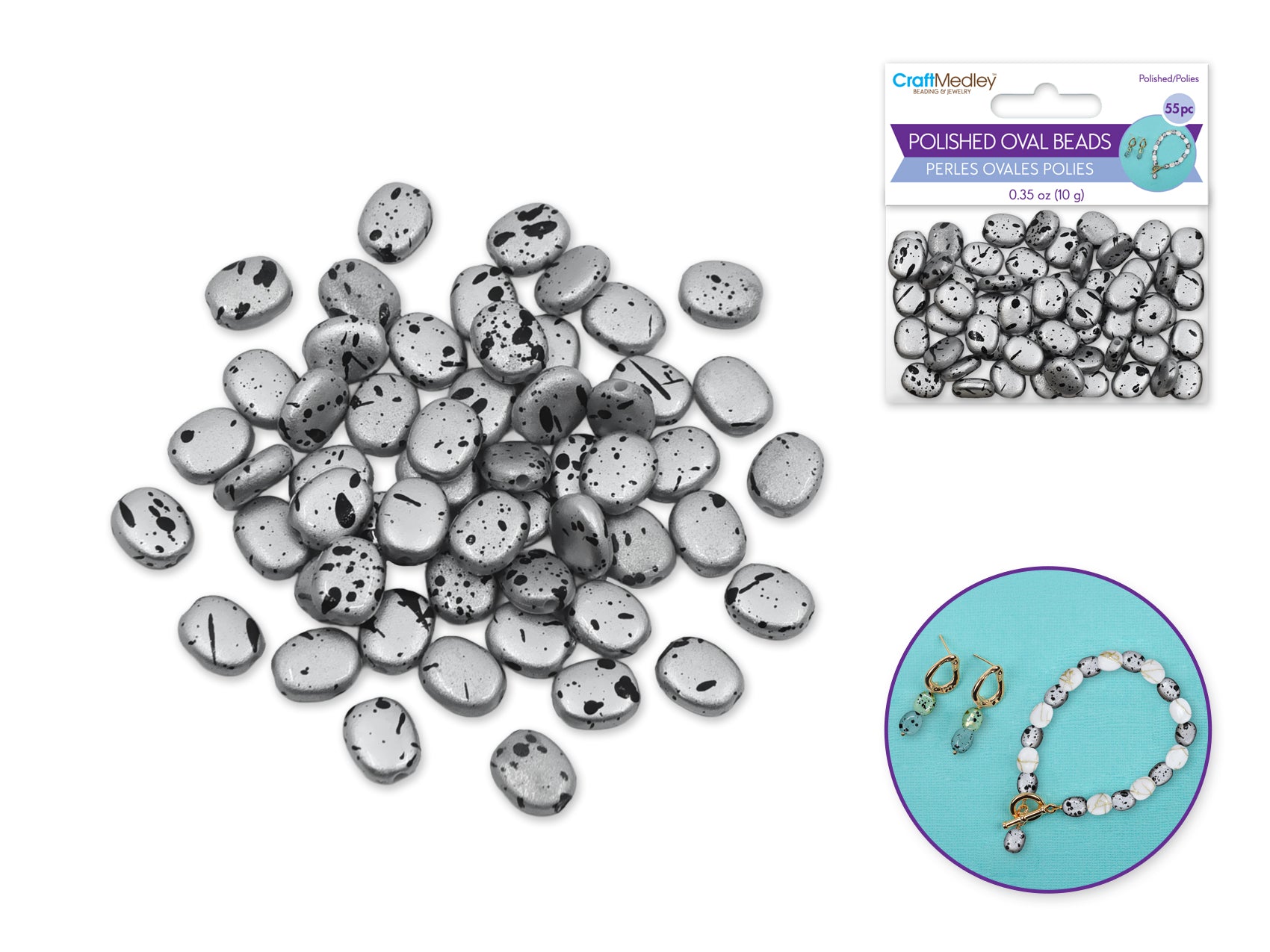 Craft Medley Polished Speckled Oval Beads, 8-10mm, Silver