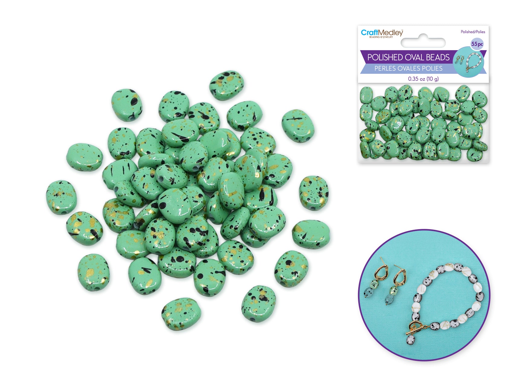 Mint Chip Speckled Oval Beads, 8-10 mm, 10g