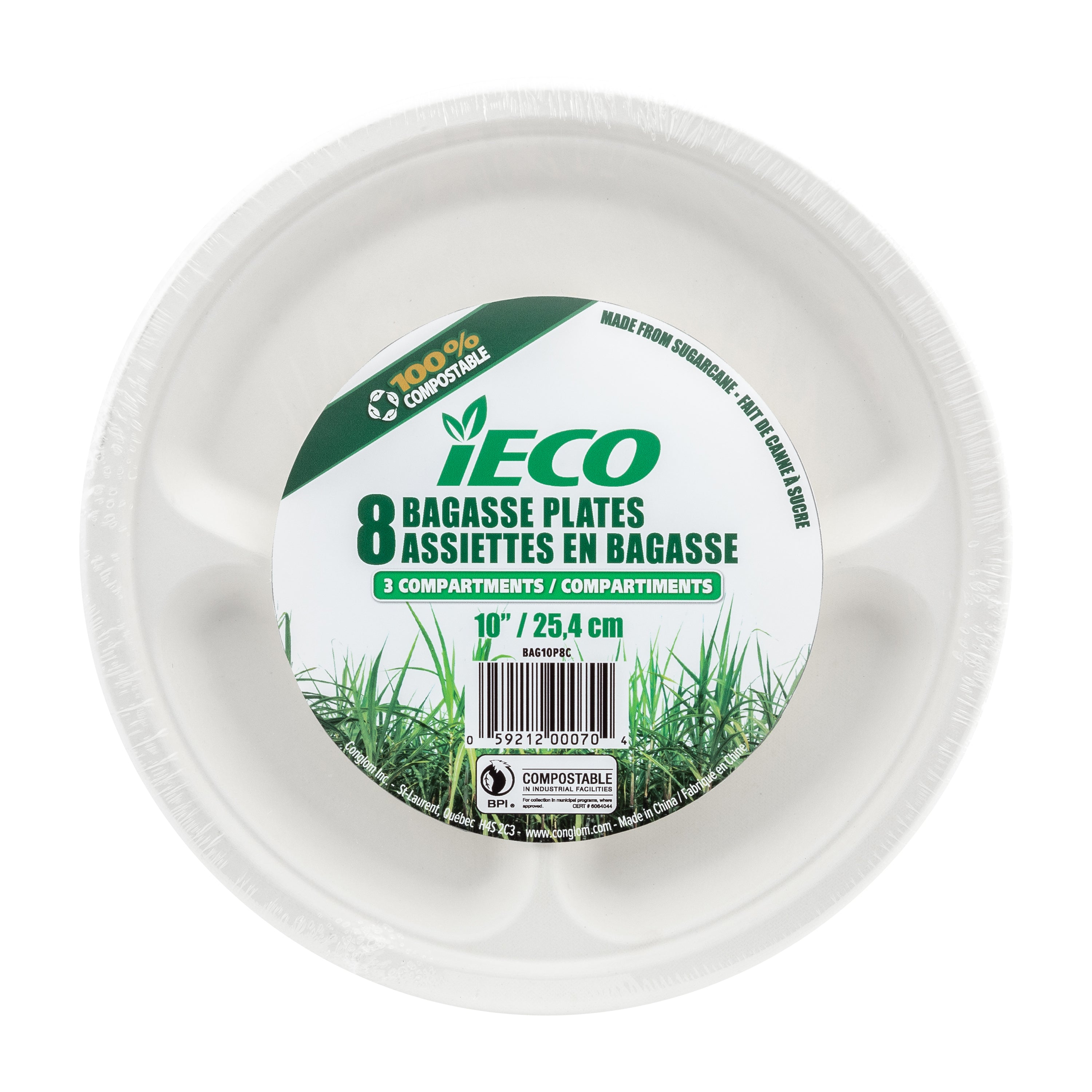 iEco 10" Bagasse Plate 3 Compartment 8/Pk