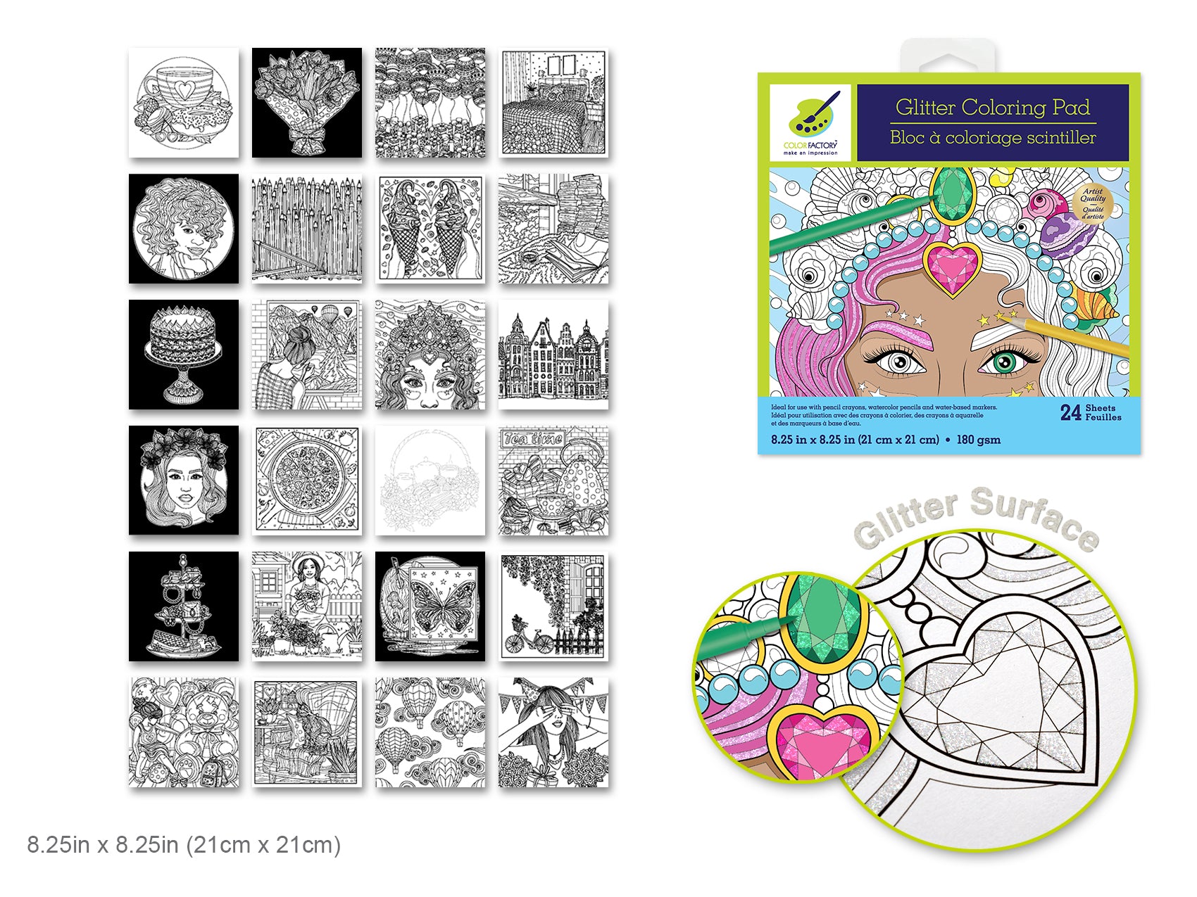 Glitter Coloring Pad, 8.25" x 8.25", 24 Sheets