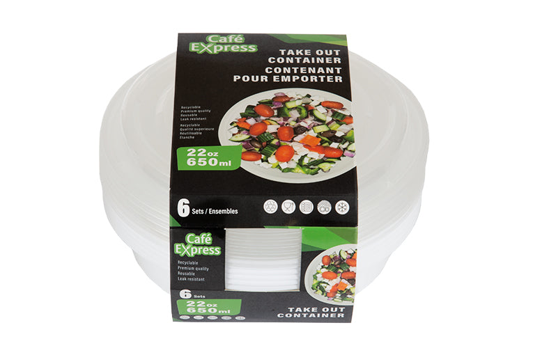 Round Take Out Pp Container  650ml W/Lid 6/Pk