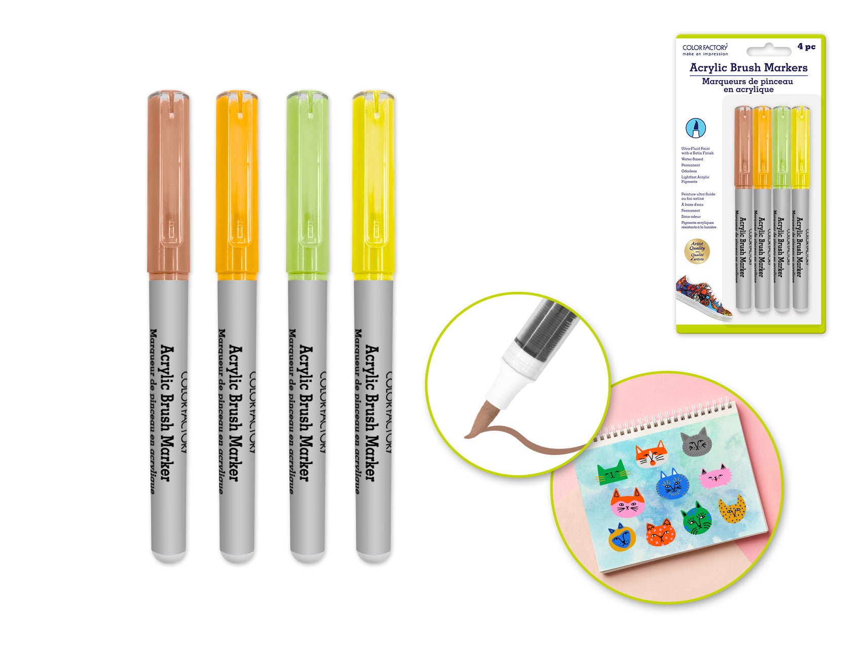 Color Factory Liquid Acrylic Paint Brush Markers, 4-Pack, Neutral Colors
