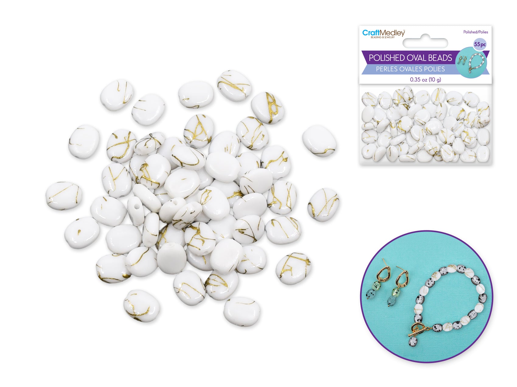 Craft Medley Polished Speckled Oval Beads, 8mm-10mm, Pearl White