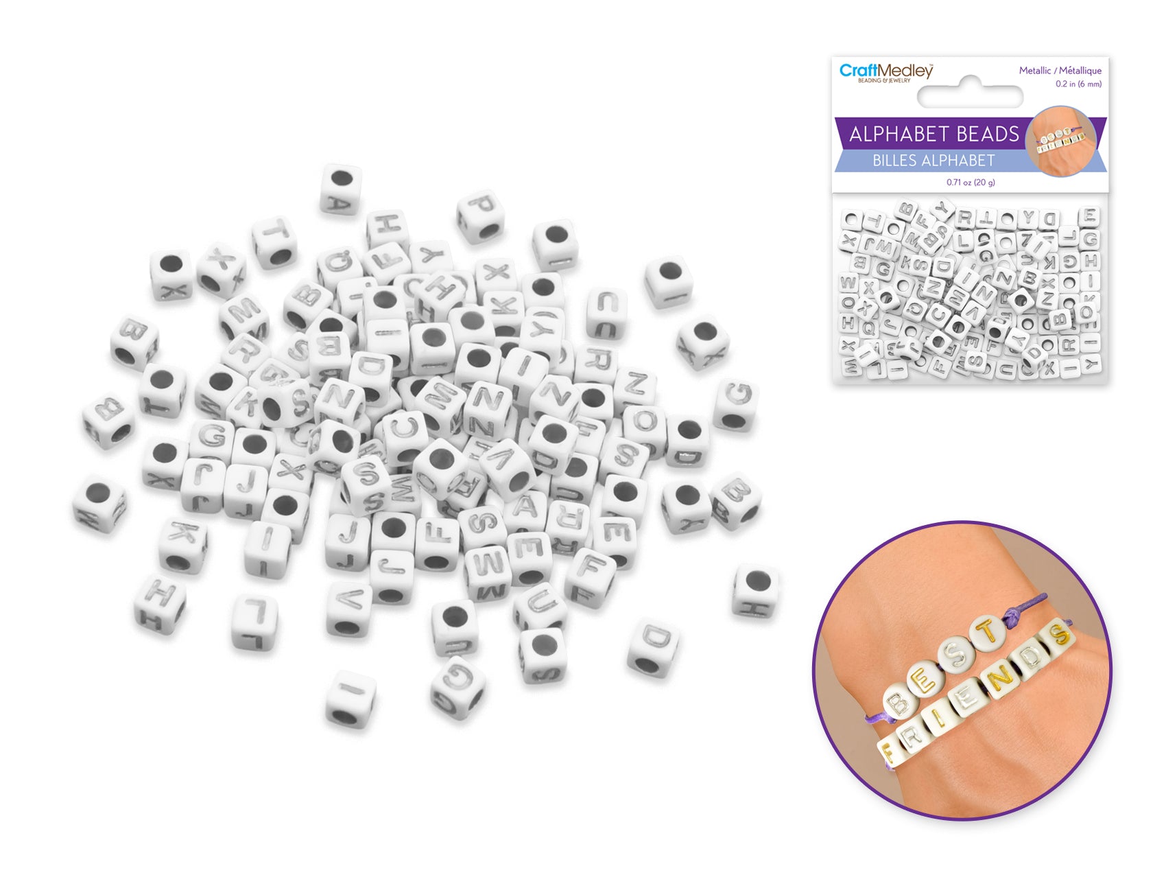 Metallic White and Silver Cube Alphabet Beads, 6mm, 20g